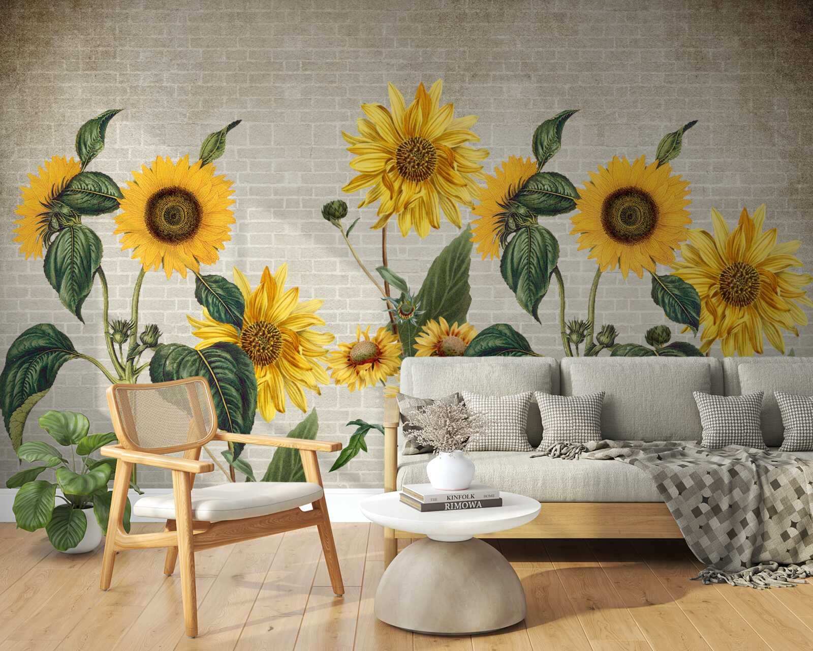 Carta da parati Muro di mattoni con girasoli in primo piano