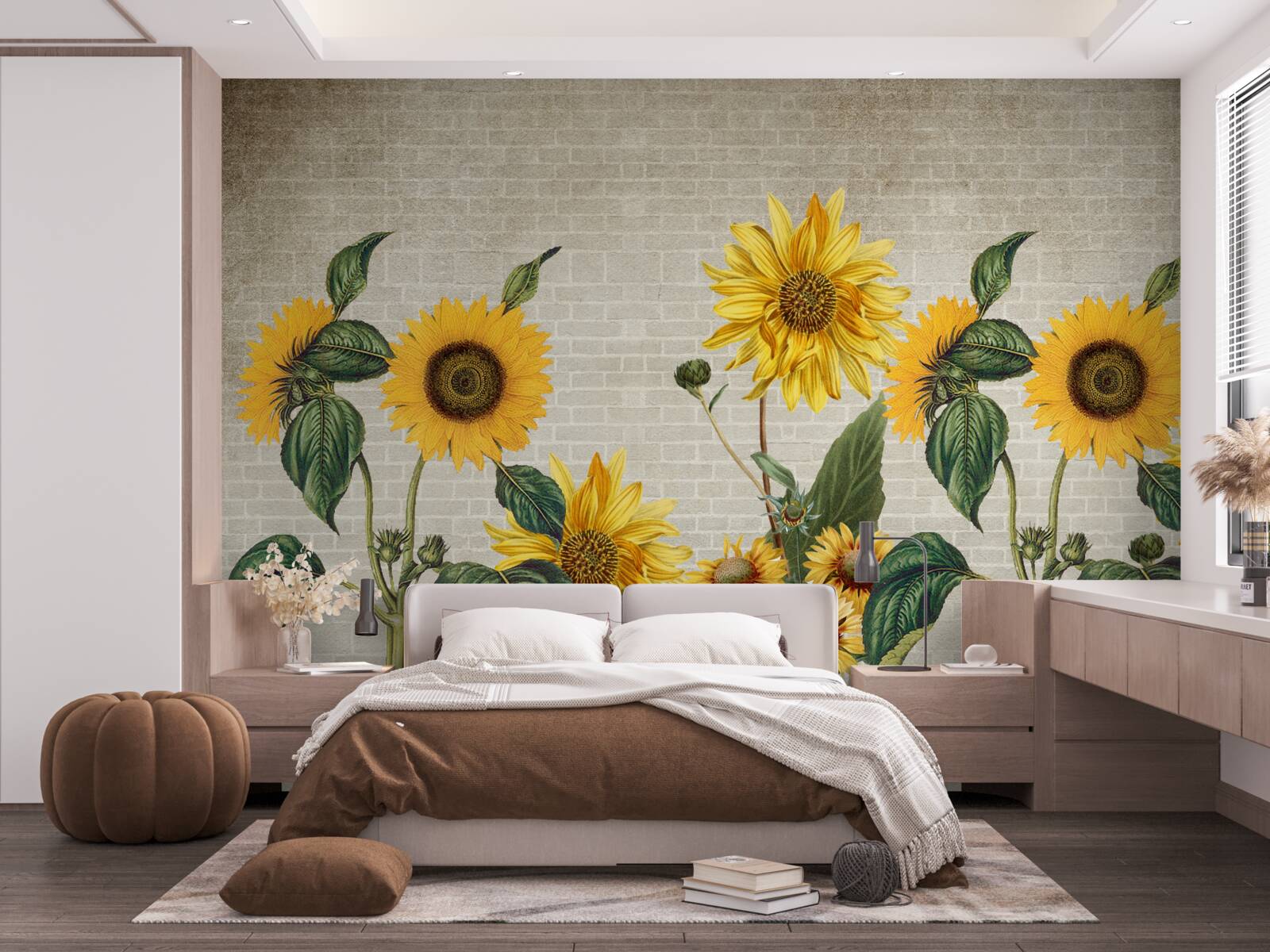 Carta da parati Muro di mattoni con girasoli in primo piano