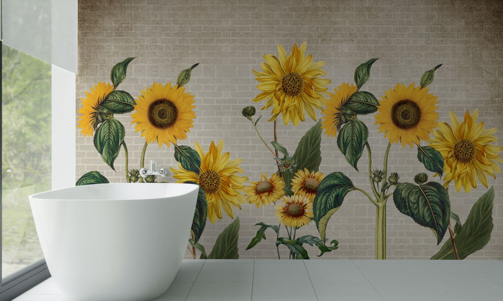 Carta da parati Muro di mattoni con girasoli in primo piano