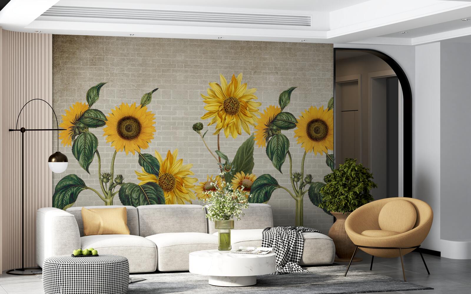 Carta da parati Muro di mattoni con girasoli in primo piano