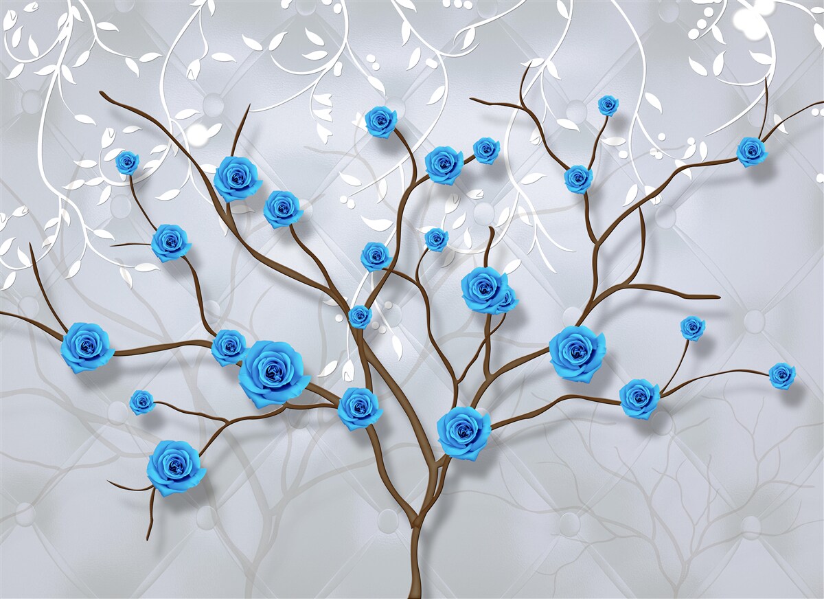Carta da parati albero rosa con fiori blu