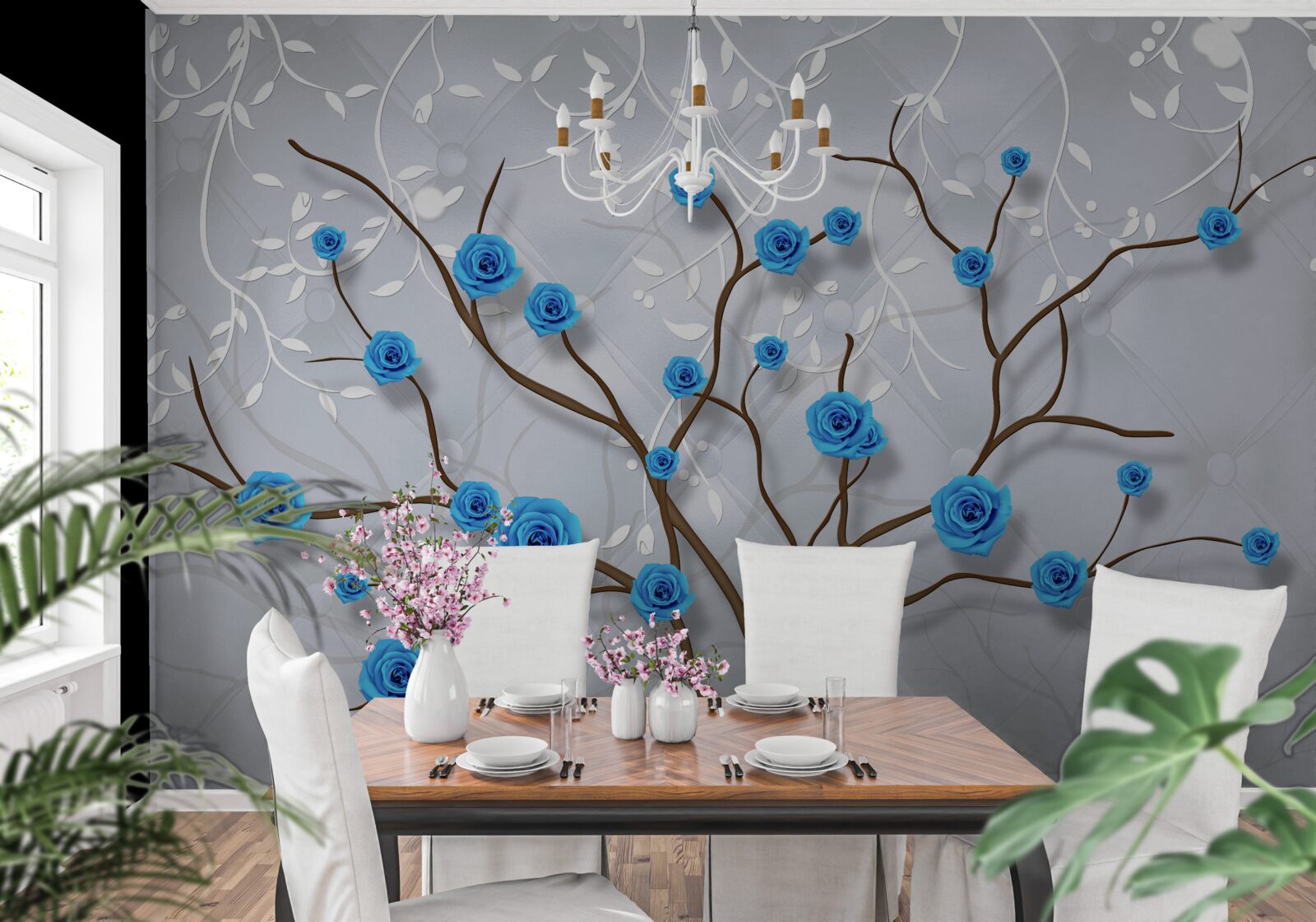 Carta da parati albero rosa con fiori blu