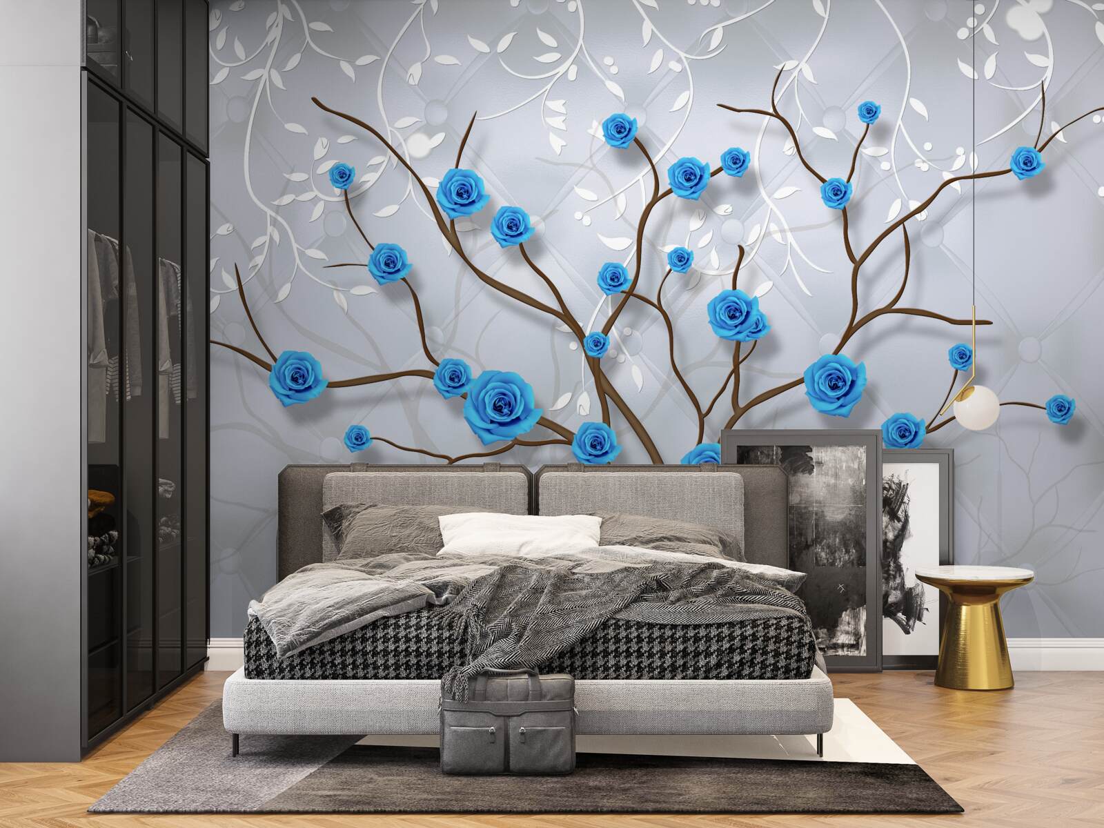 Carta da parati albero rosa con fiori blu