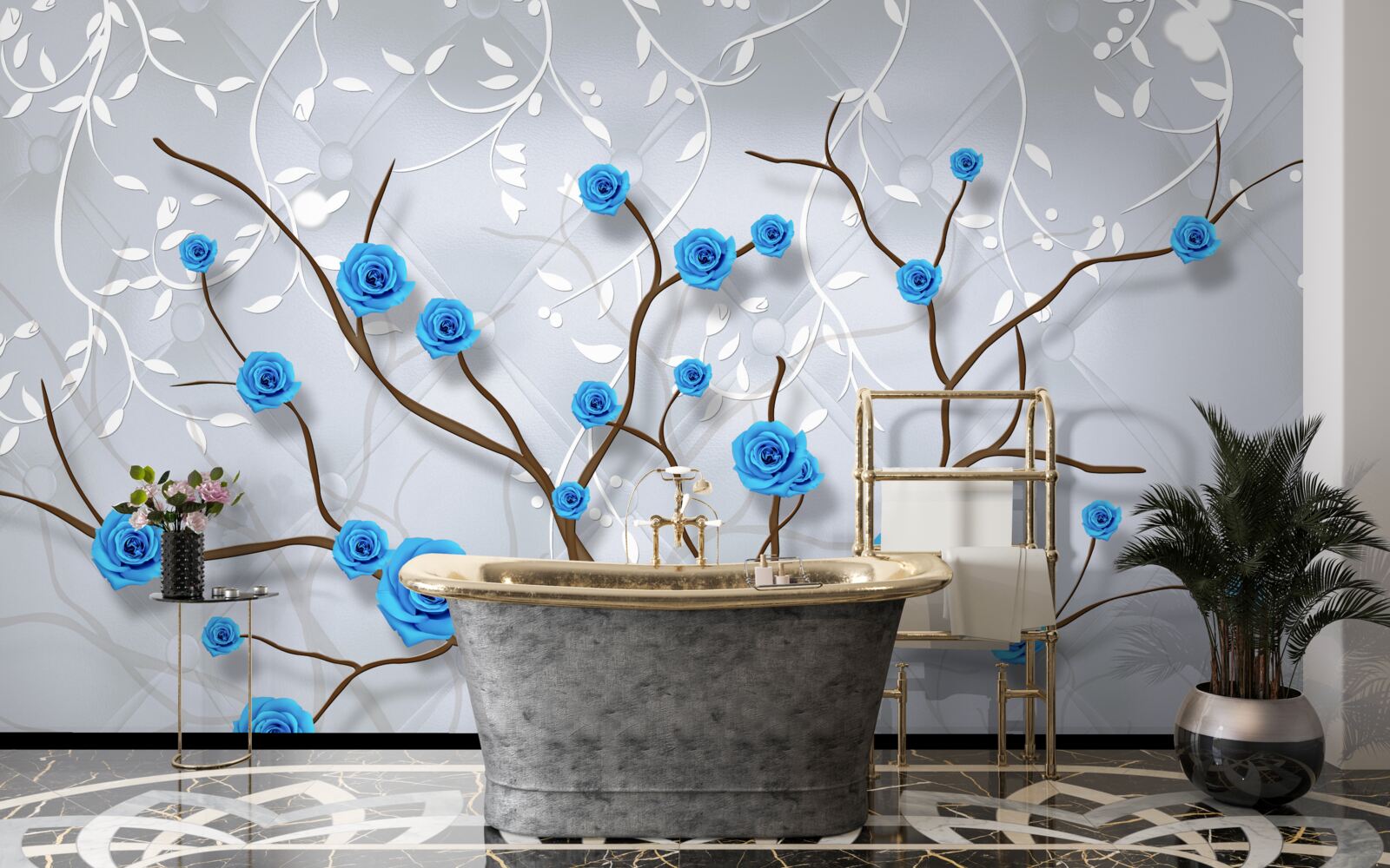Carta da parati albero rosa con fiori blu