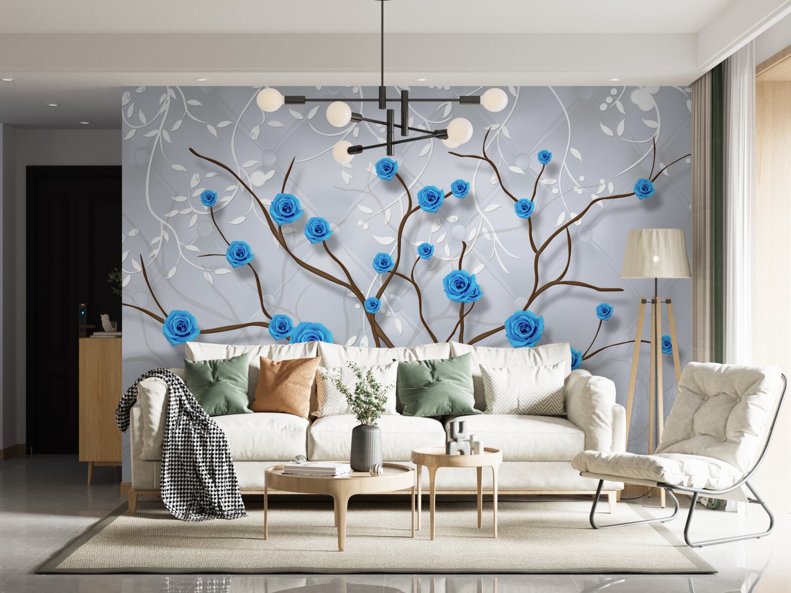 Carta da parati albero rosa con fiori blu