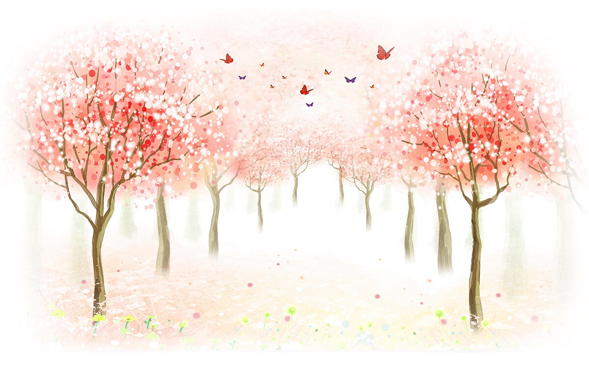Carta da parati alberi in fiore punteggiati di farfalle