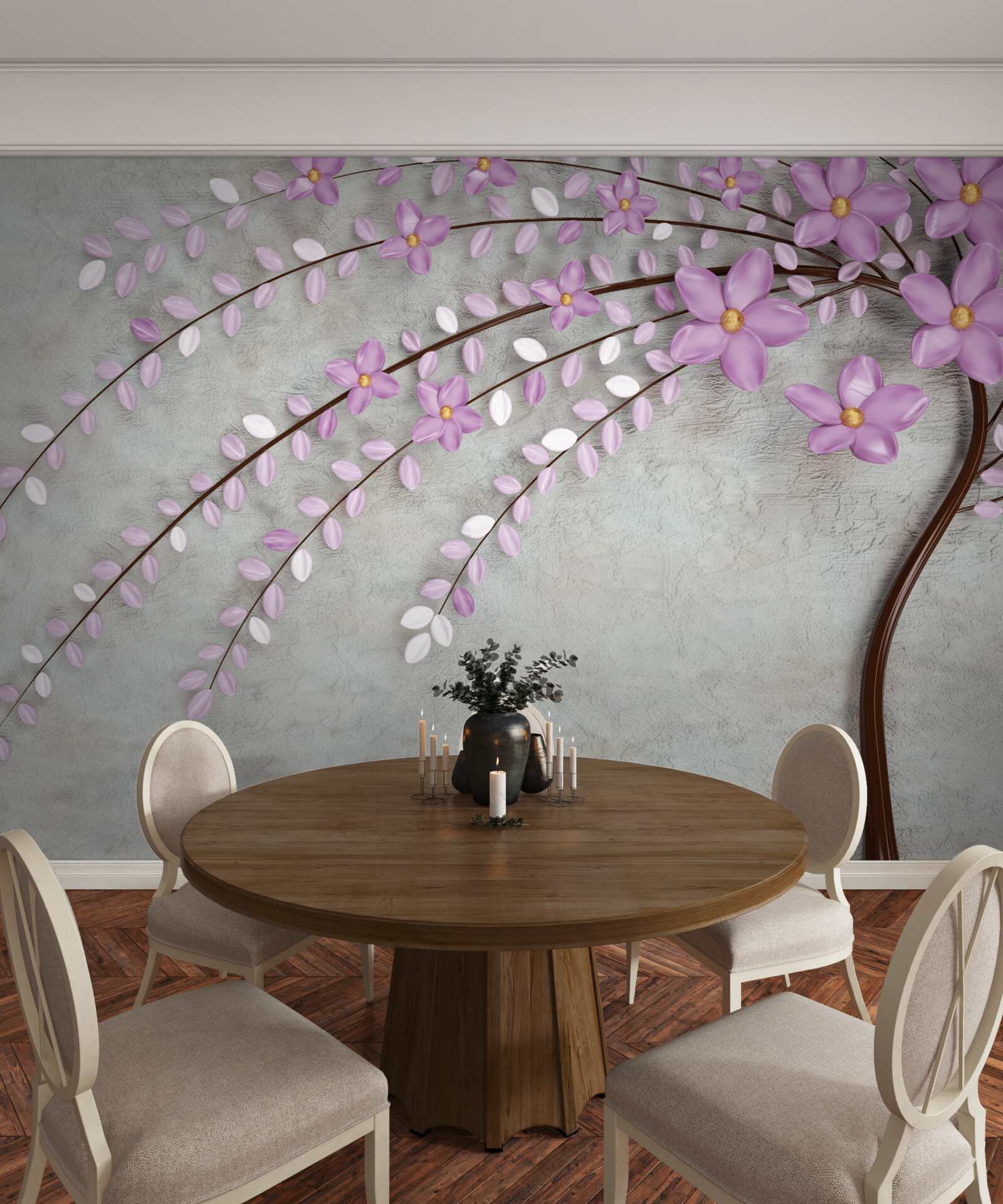Carta da parati albero decorato con delicati fiori di lillà