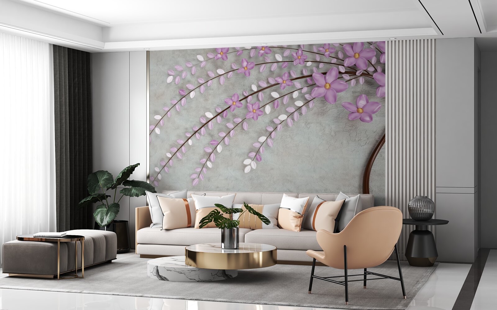 Carta da parati albero decorato con delicati fiori di lillà