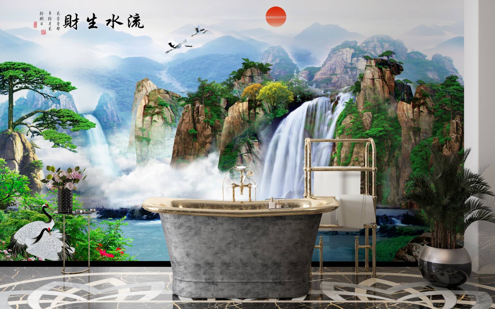 Carta da parati vista magica sulla natura e sulla cascata