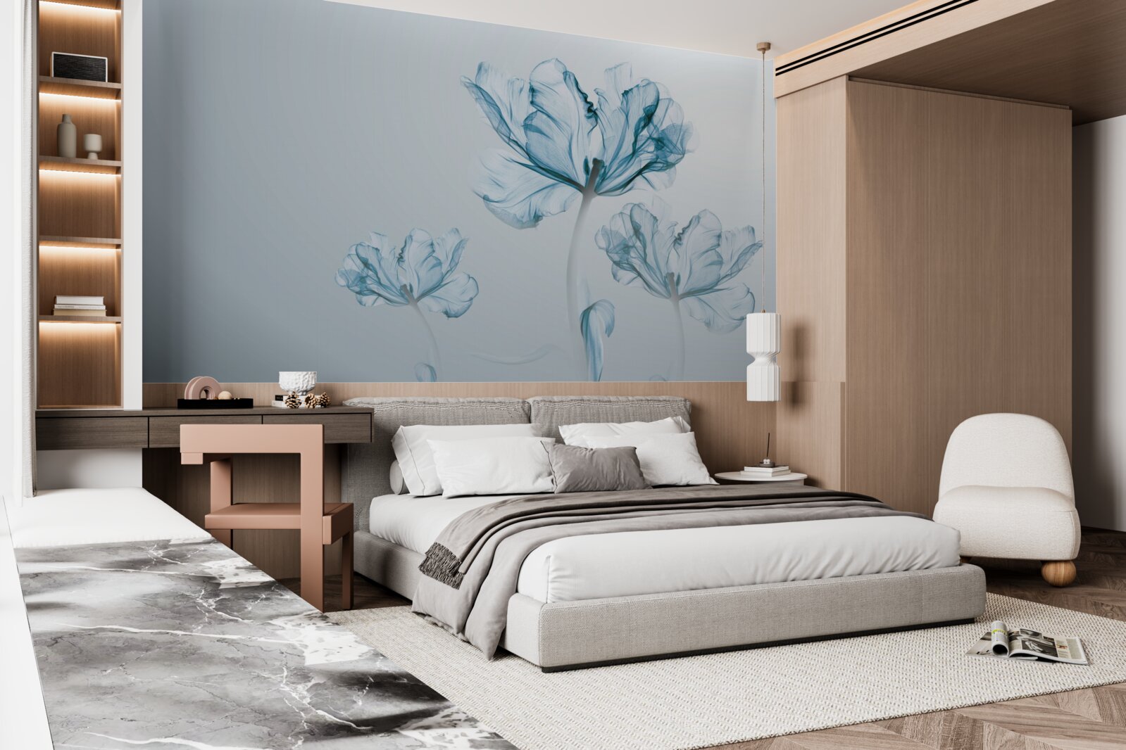 Carta da parati fiori blu con trasparenza