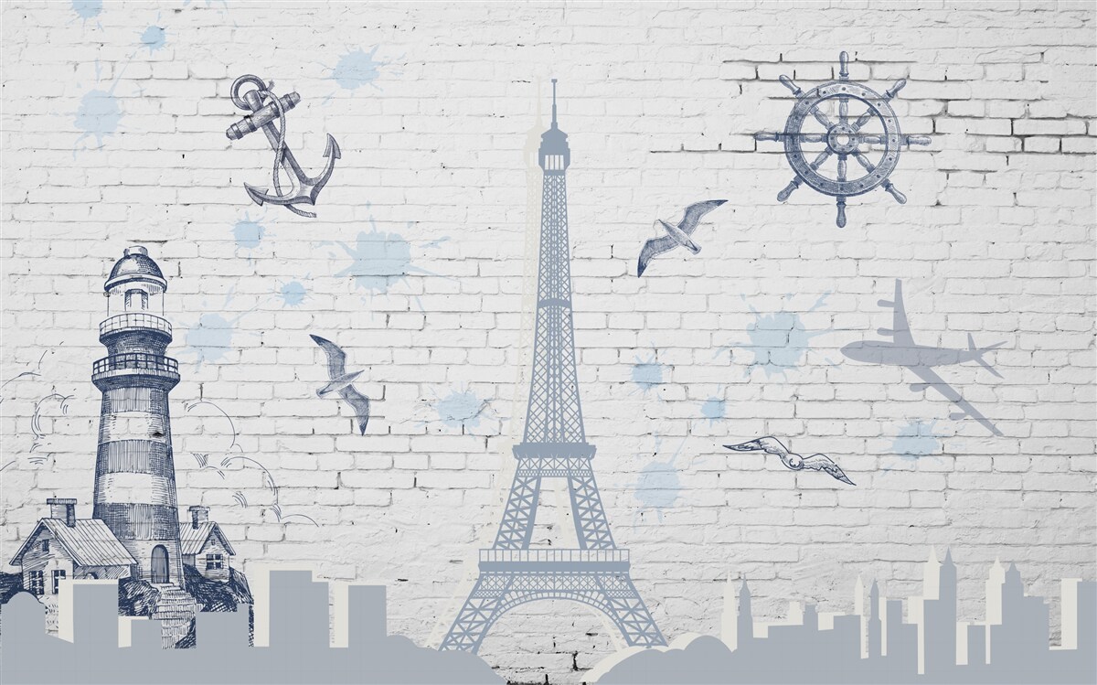 Carta da parati Torre eiffel e faro sul muro