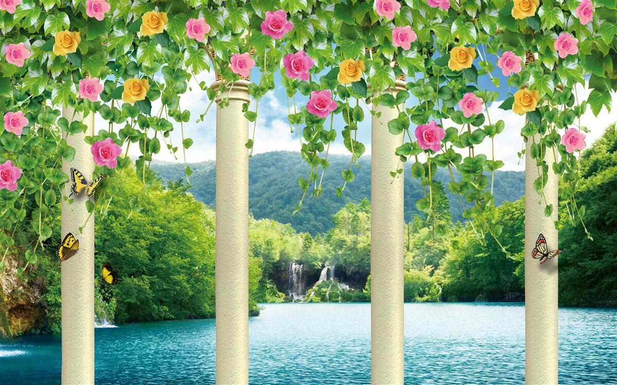 Carta da parati bella vista della cascata attraverso i colori dei fiori