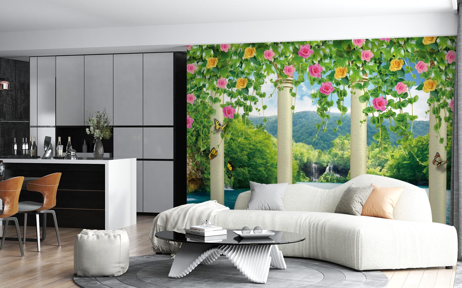 Carta da parati bella vista della cascata attraverso i colori dei fiori