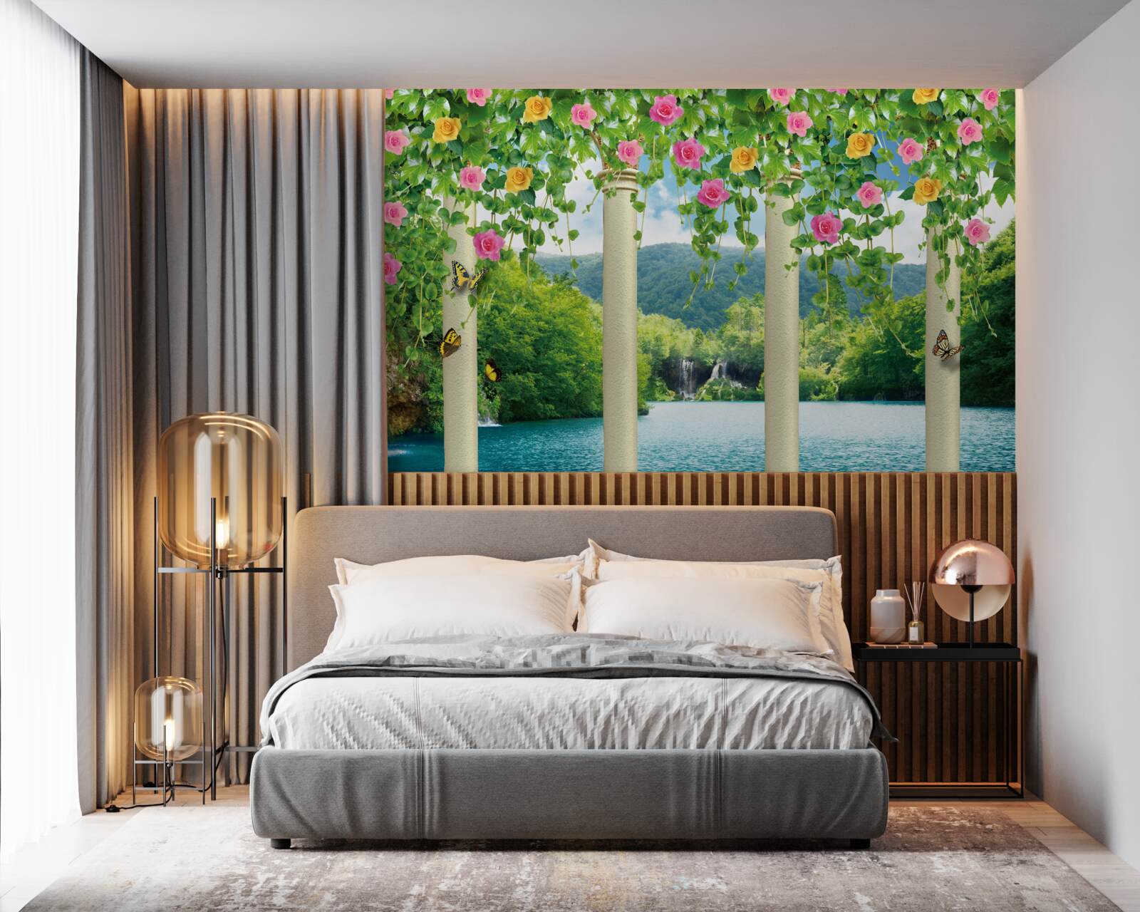 Carta da parati bella vista della cascata attraverso i colori dei fiori