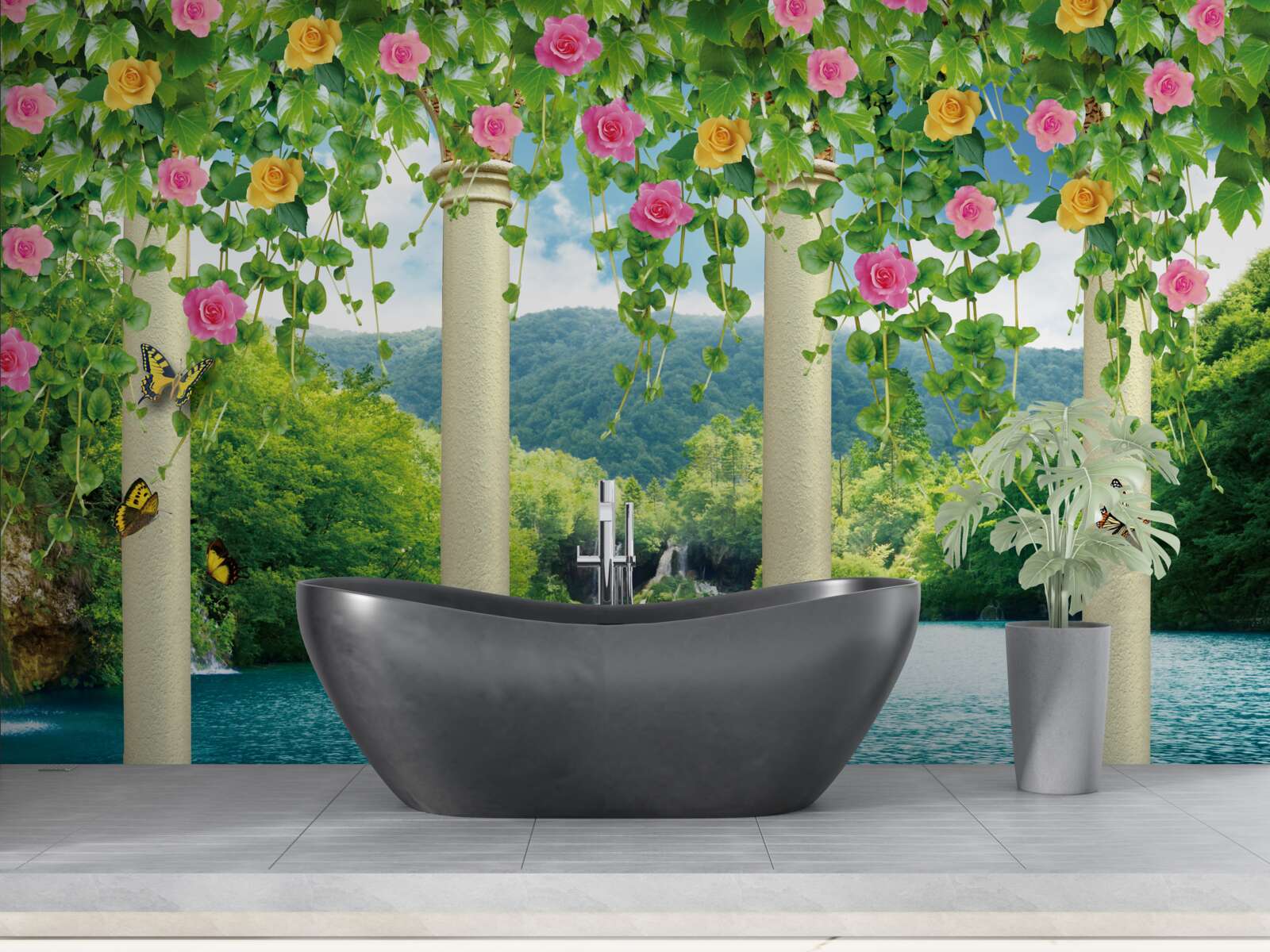 Carta da parati bella vista della cascata attraverso i colori dei fiori