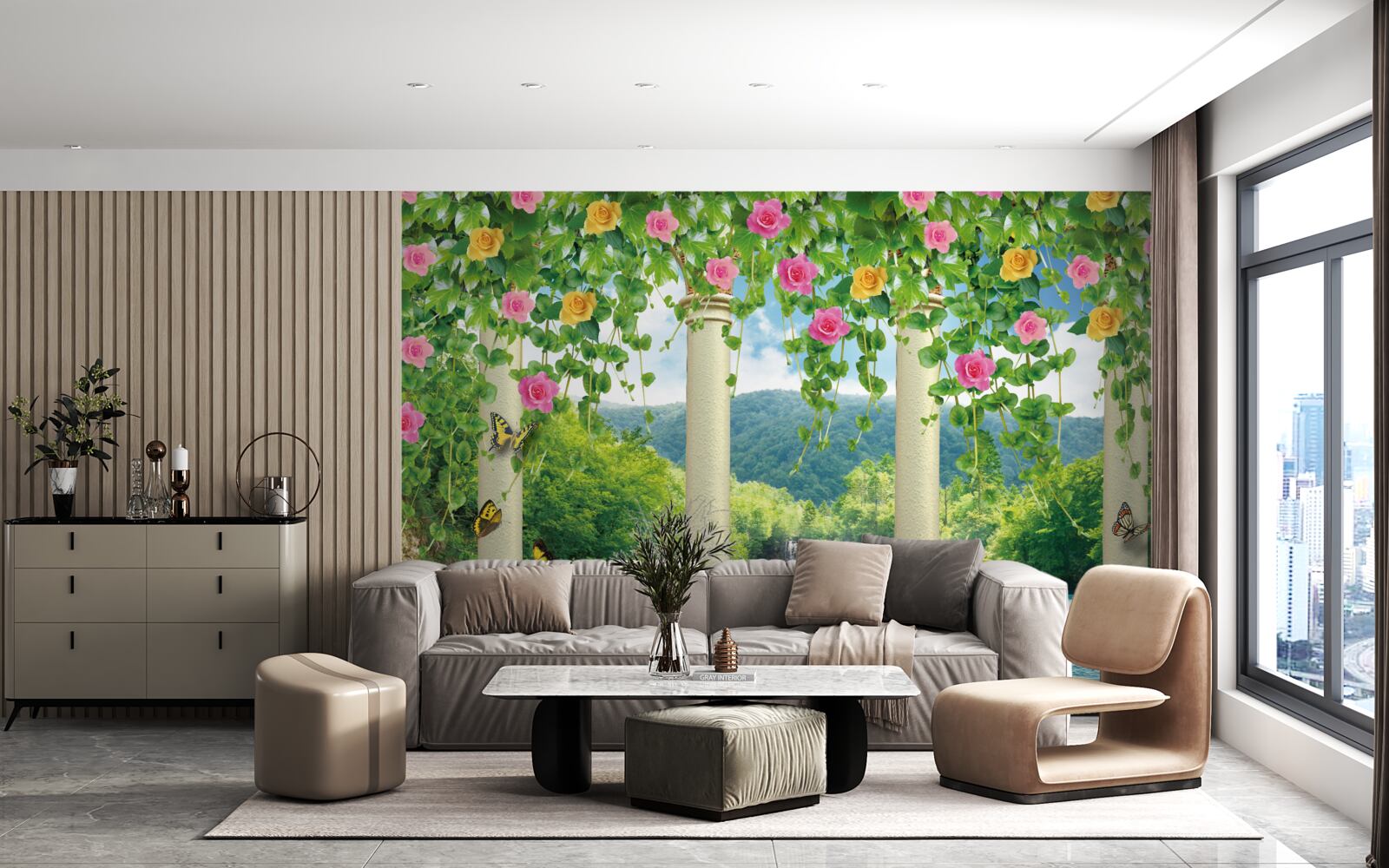 Carta da parati bella vista della cascata attraverso i colori dei fiori