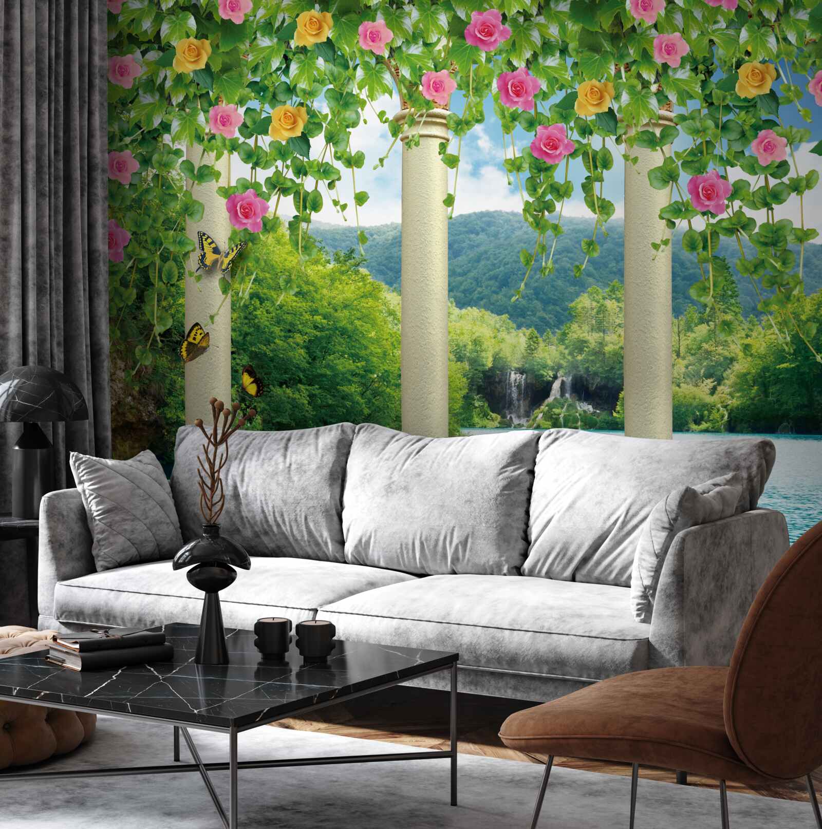 Carta da parati bella vista della cascata attraverso i colori dei fiori