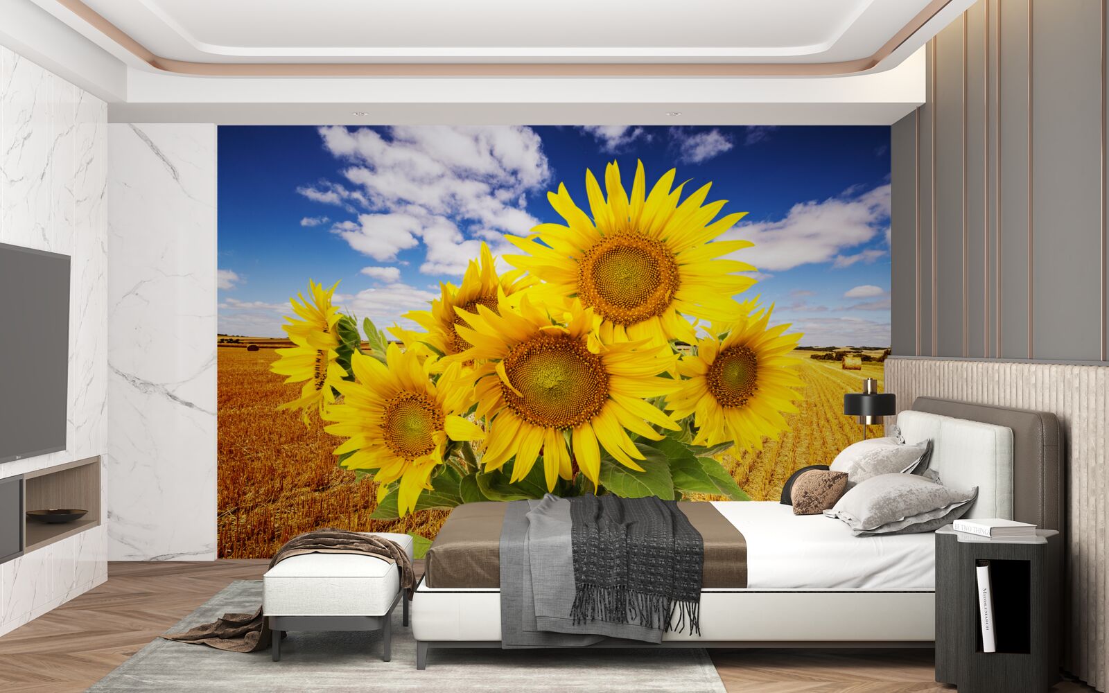 Carta da parati un mazzo di girasoli si staglia contro il cielo e un campo di grano