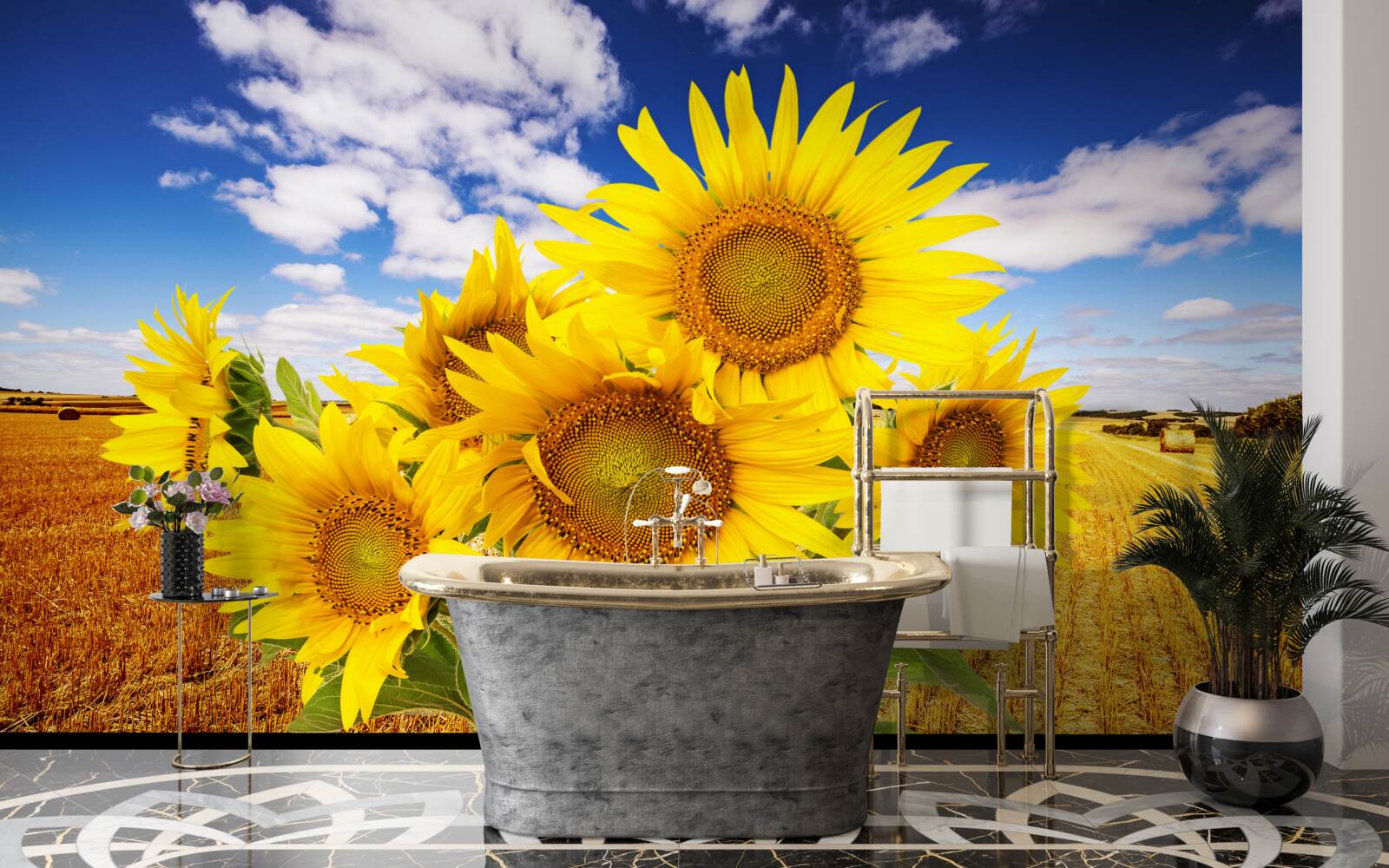 Carta da parati un mazzo di girasoli si staglia contro il cielo e un campo di grano