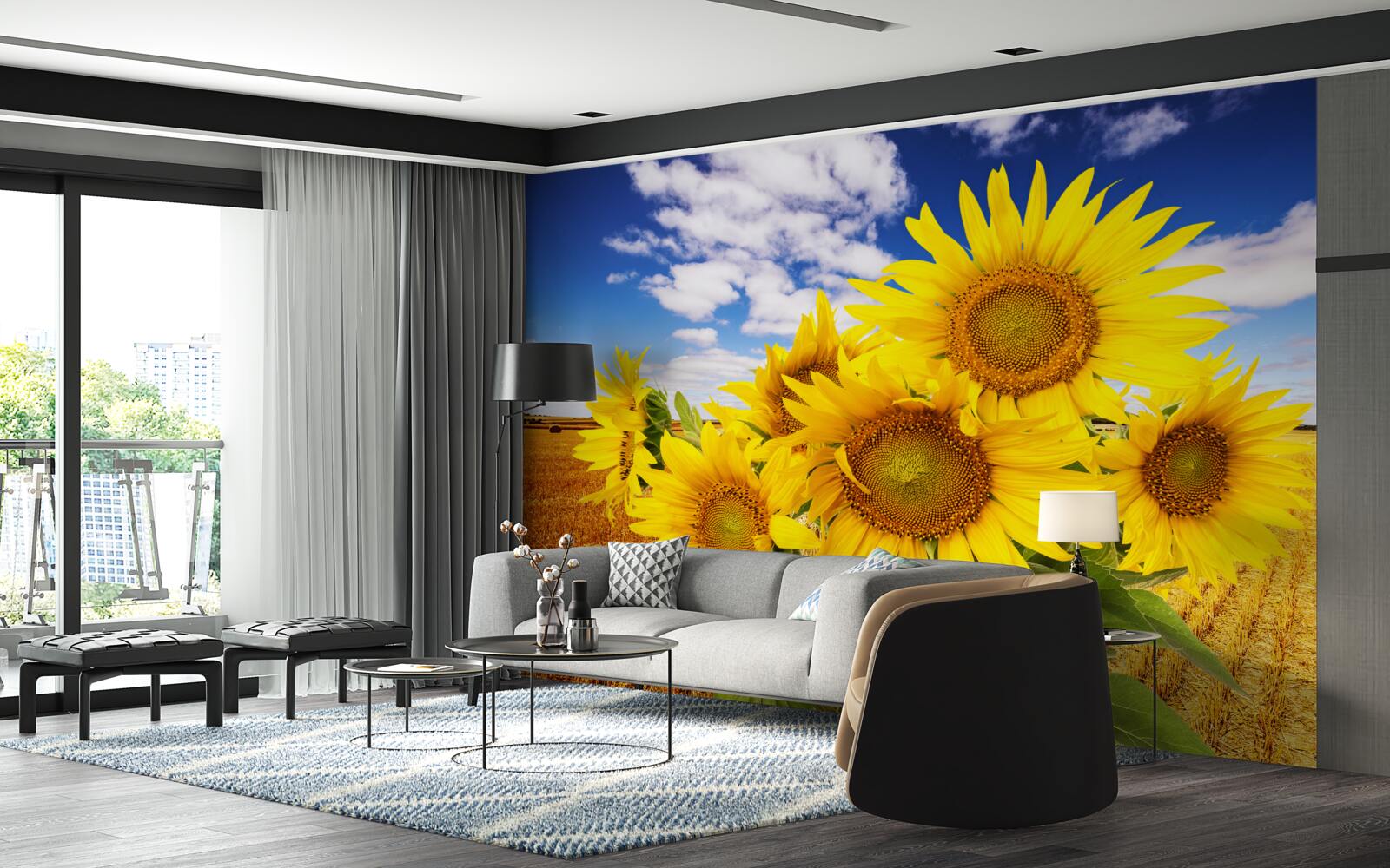 Carta da parati un mazzo di girasoli si staglia contro il cielo e un campo di grano