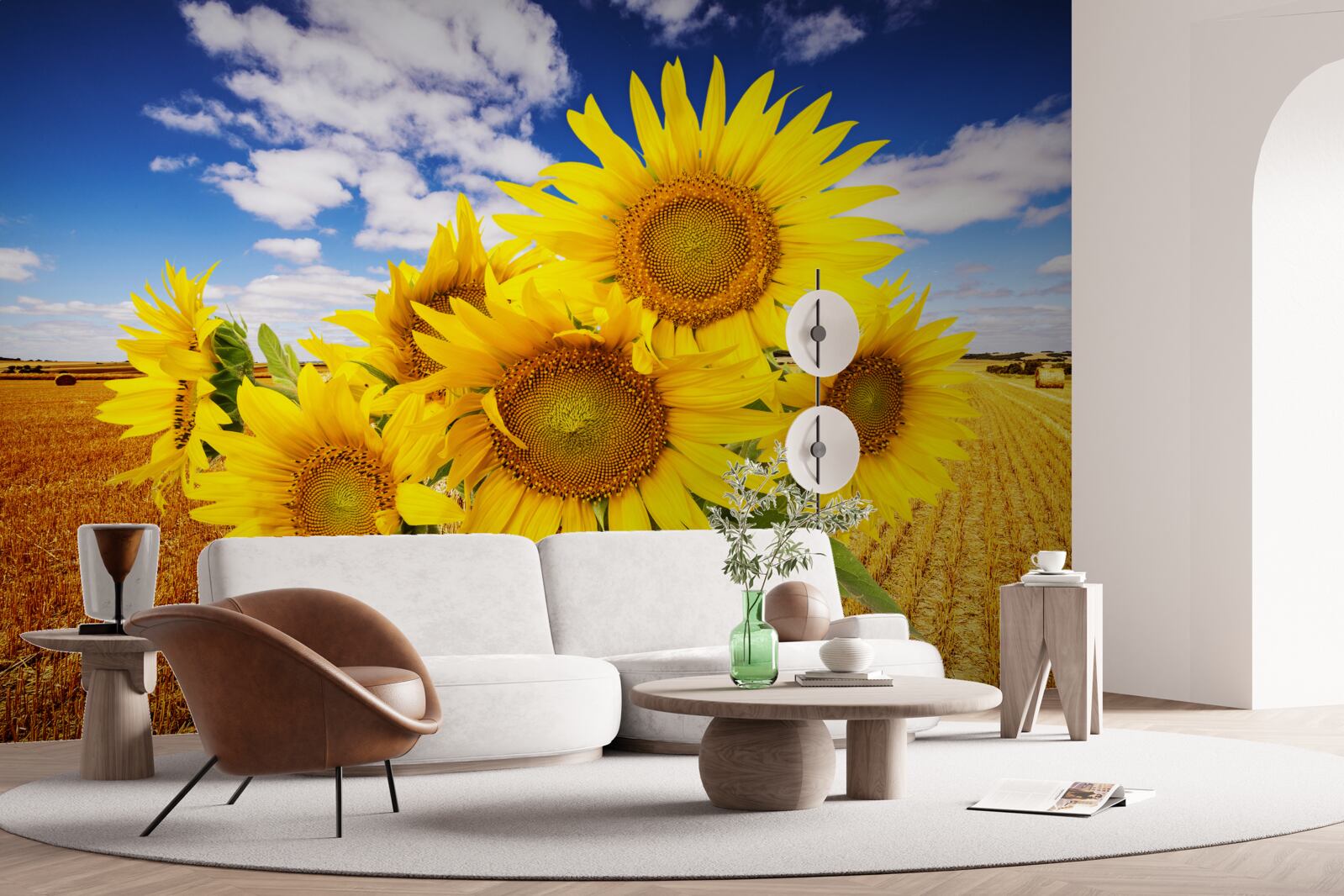 Carta da parati un mazzo di girasoli si staglia contro il cielo e un campo di grano