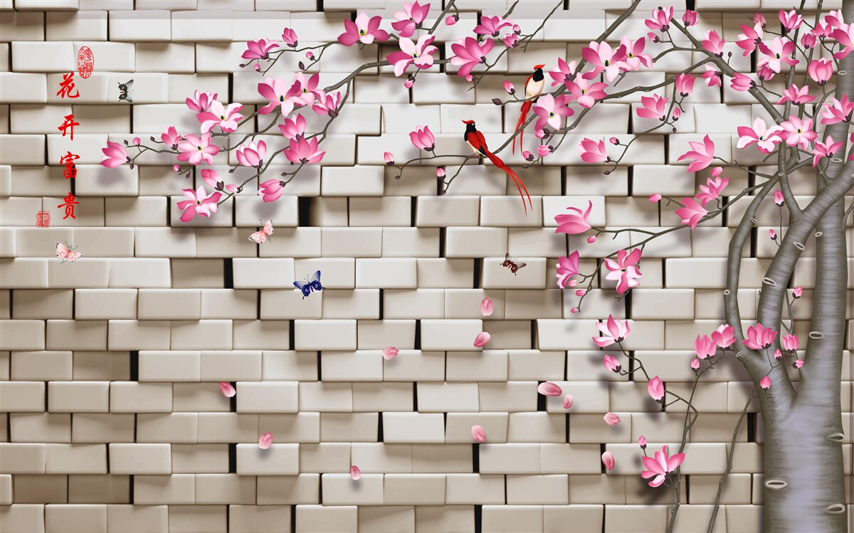 Carta da parati muro di pietra e fiori rosa