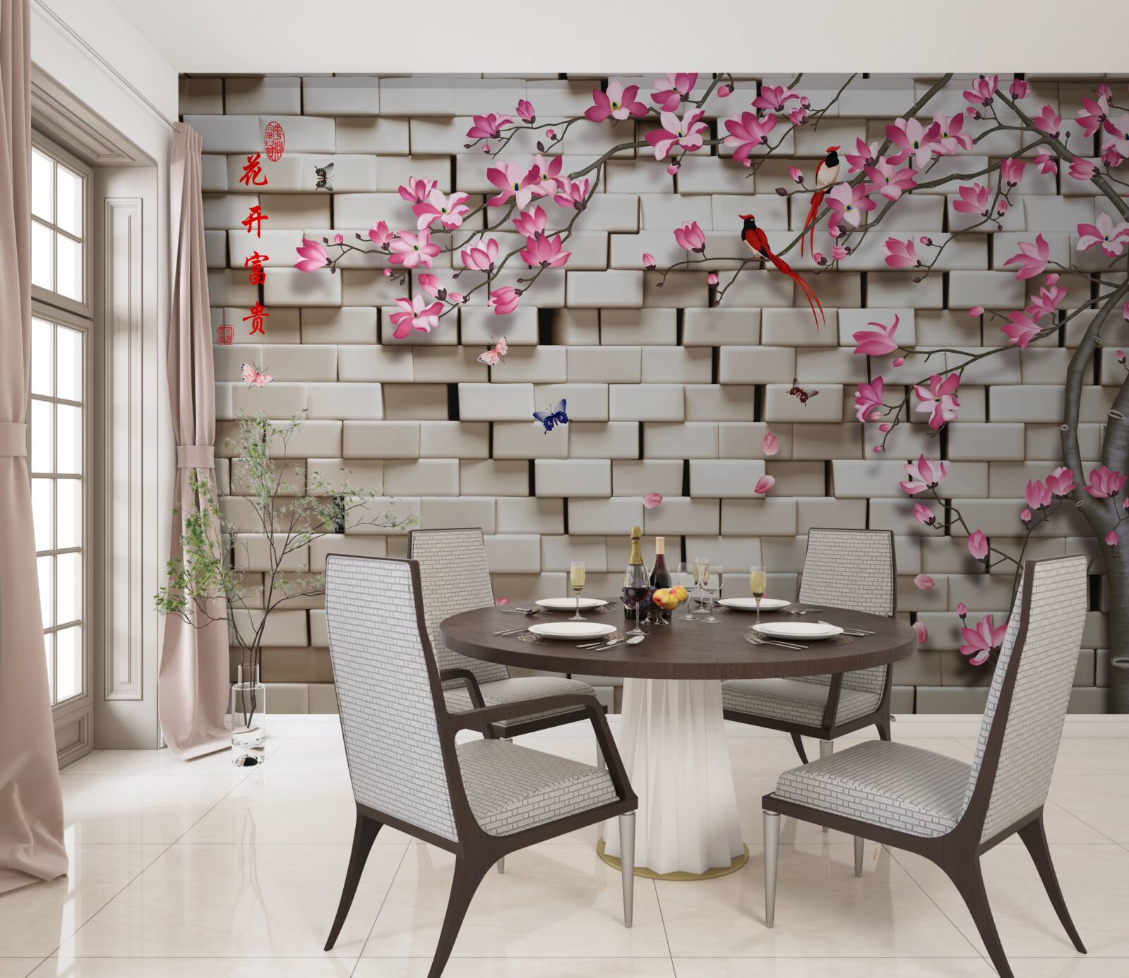 Carta da parati muro di pietra e fiori rosa