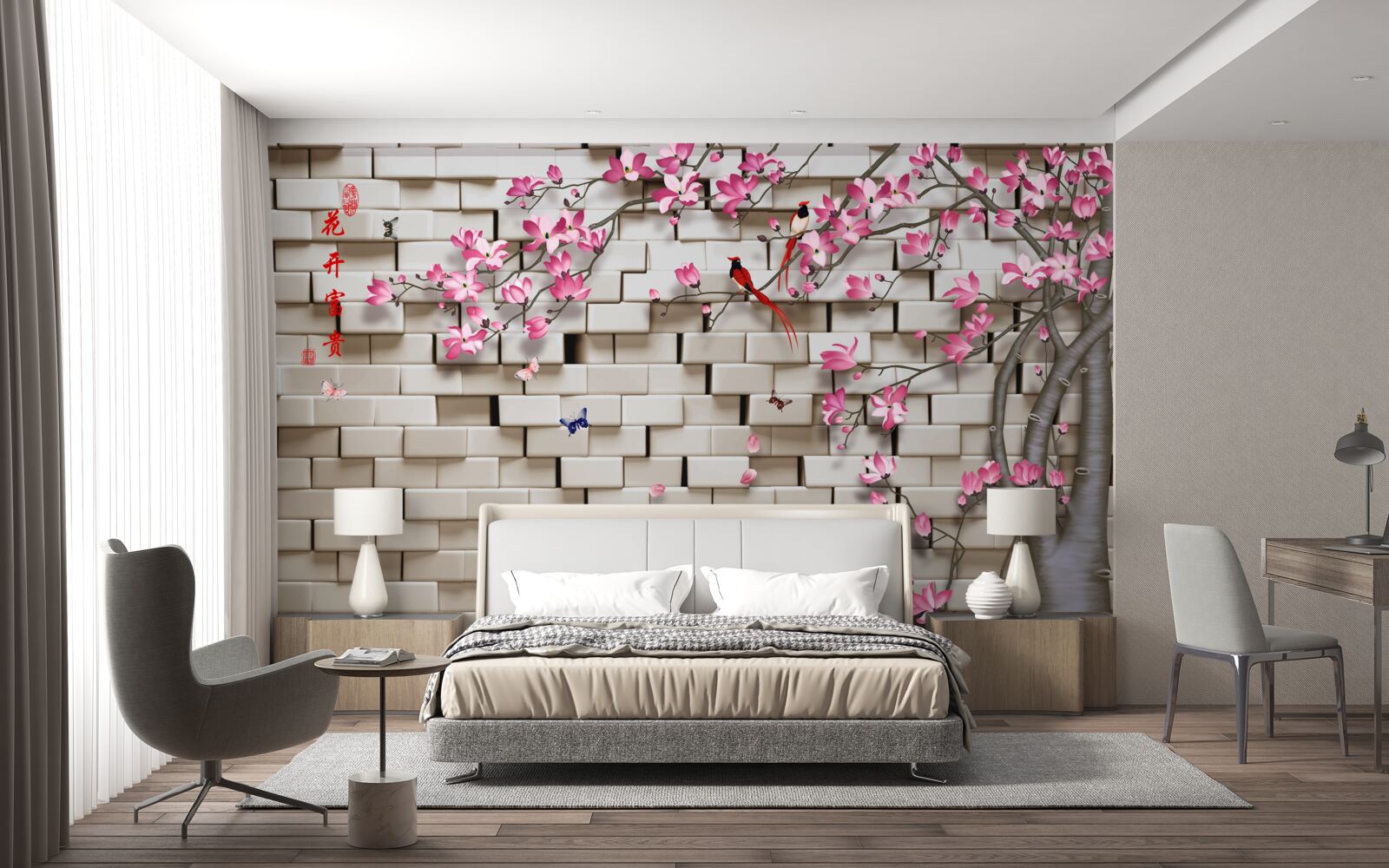 Carta da parati muro di pietra e fiori rosa