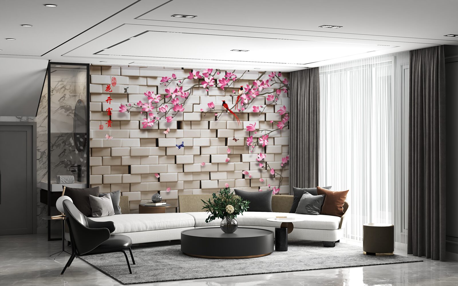 Carta da parati muro di pietra e fiori rosa