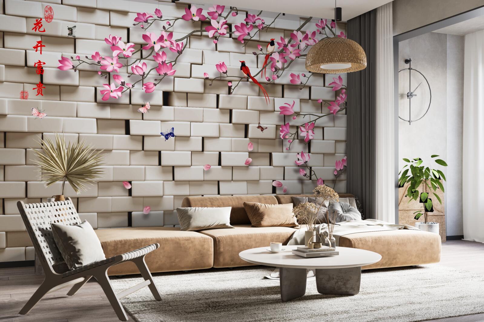 Carta da parati muro di pietra e fiori rosa