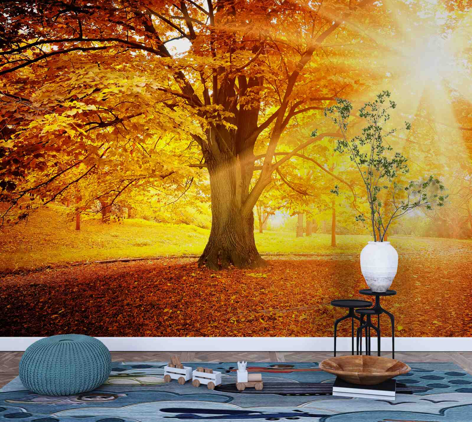 Carta da parati la luce brillante del sole penetra nella foschia autunnale della foresta