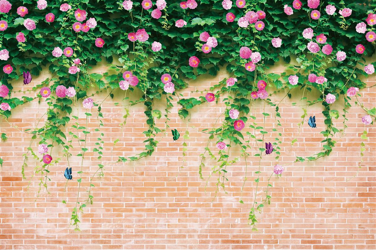 Carta da parati rose rosa tenue su un muro di mattoni