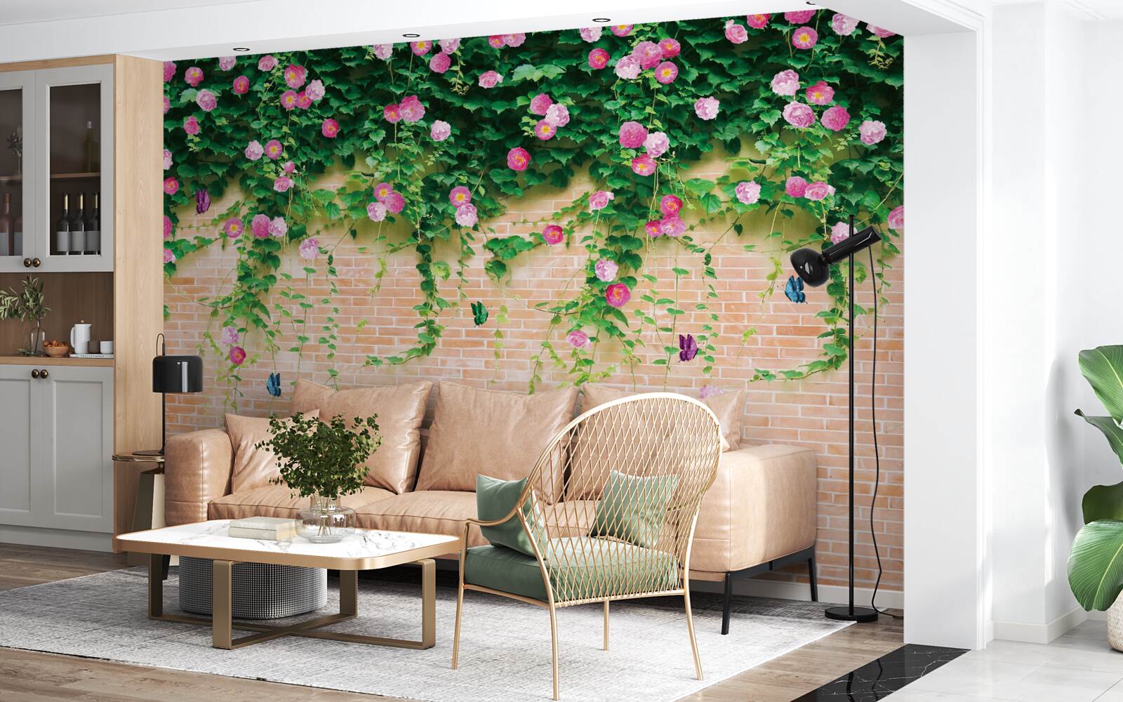 Carta da parati rose rosa tenue su un muro di mattoni