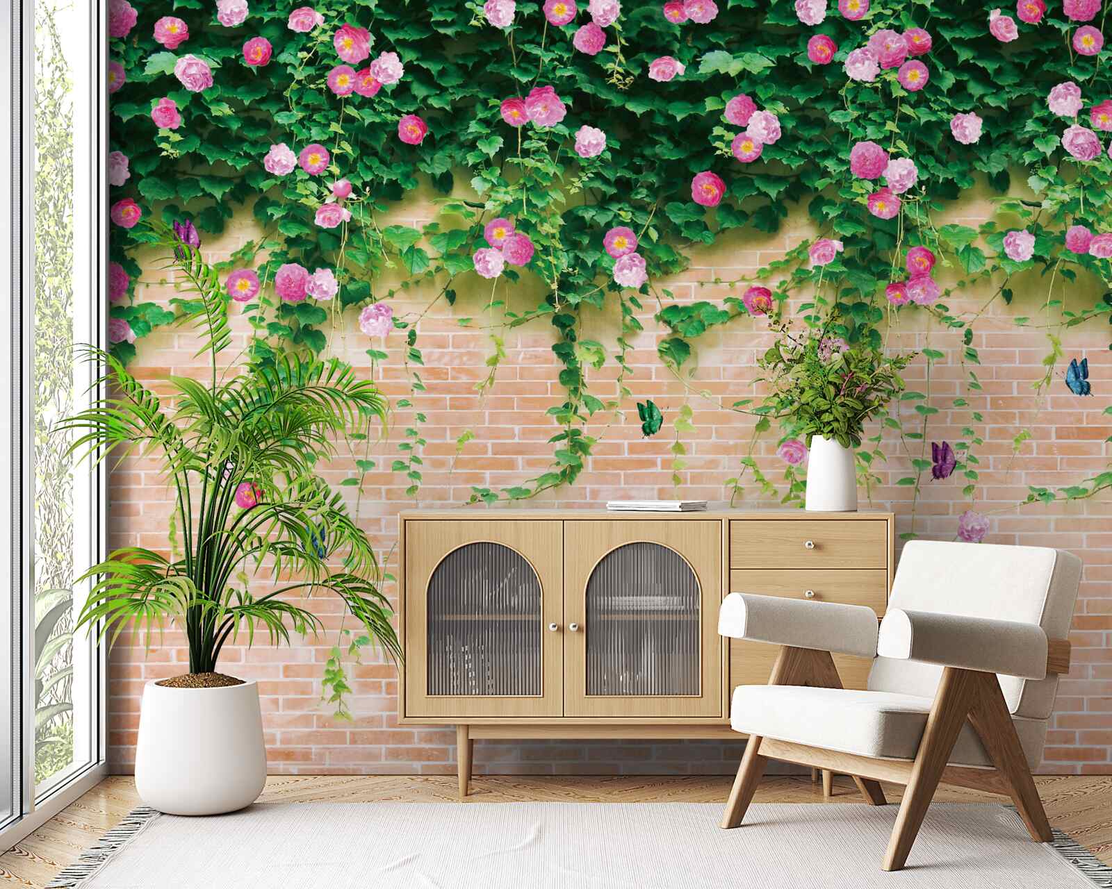Carta da parati rose rosa tenue su un muro di mattoni