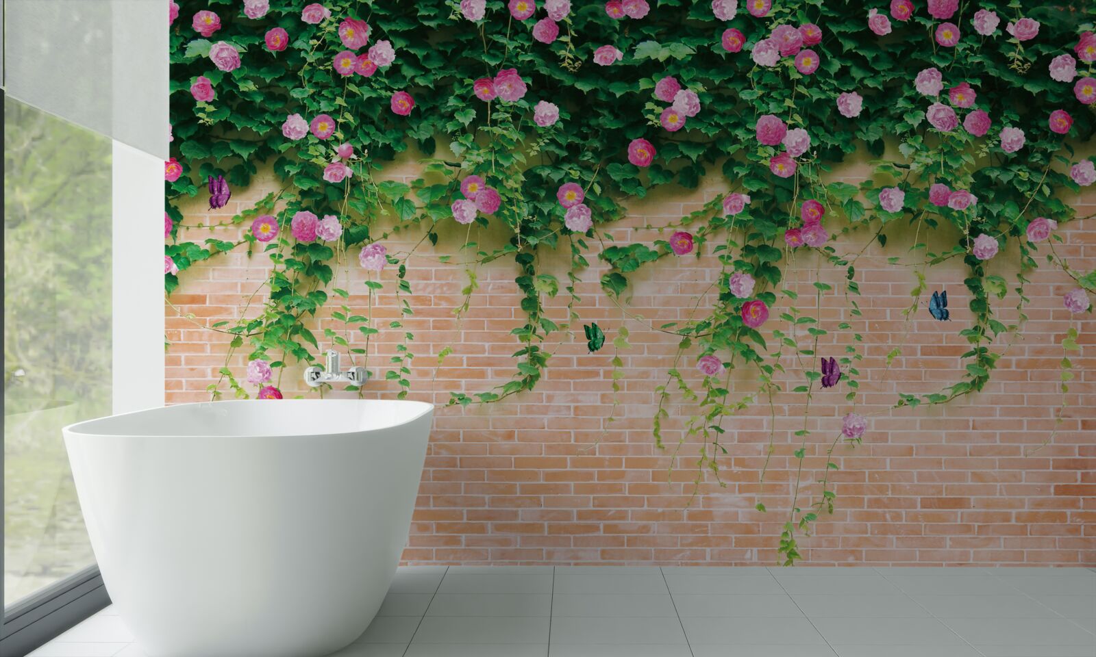 Carta da parati rose rosa tenue su un muro di mattoni