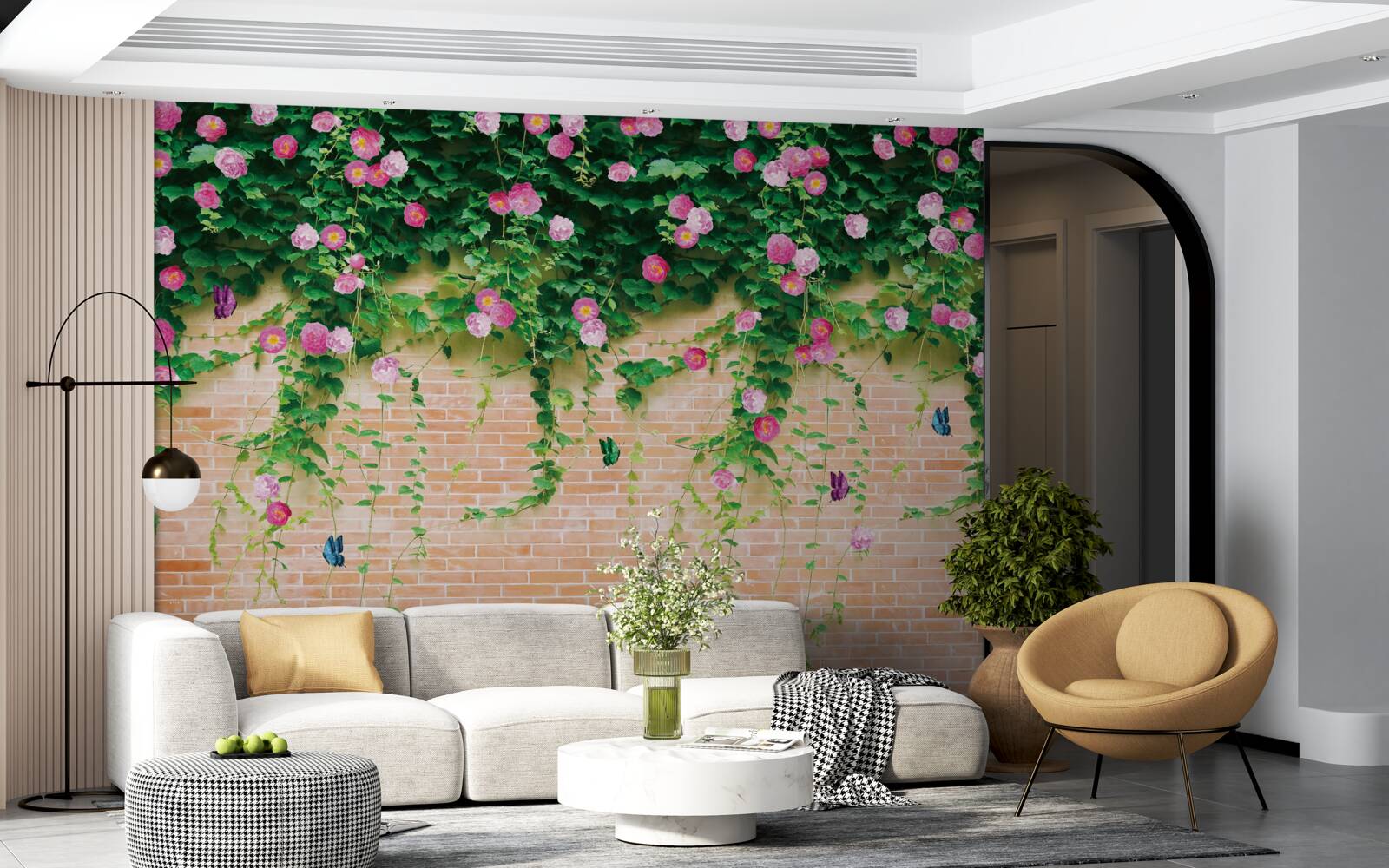 Carta da parati rose rosa tenue su un muro di mattoni
