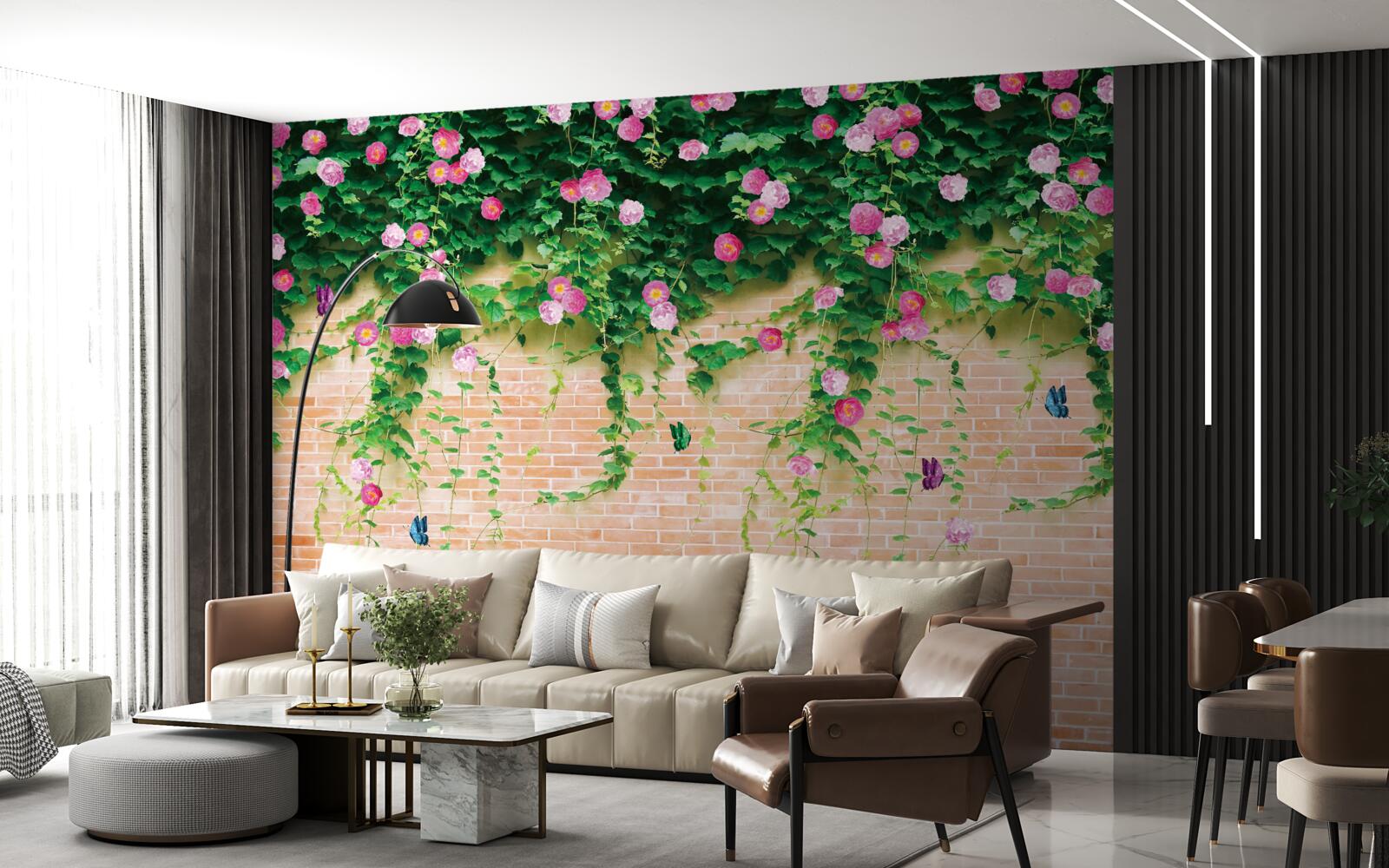 Carta da parati rose rosa tenue su un muro di mattoni