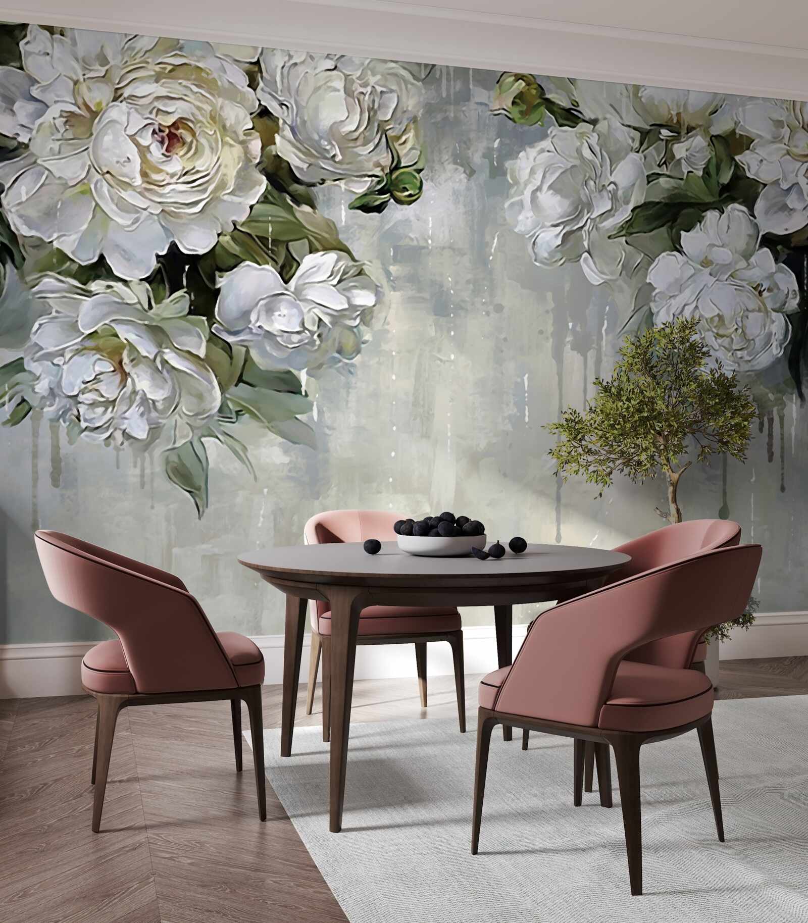 Carta da parati ci sono grandi fiori bianchi sul muro di cemento