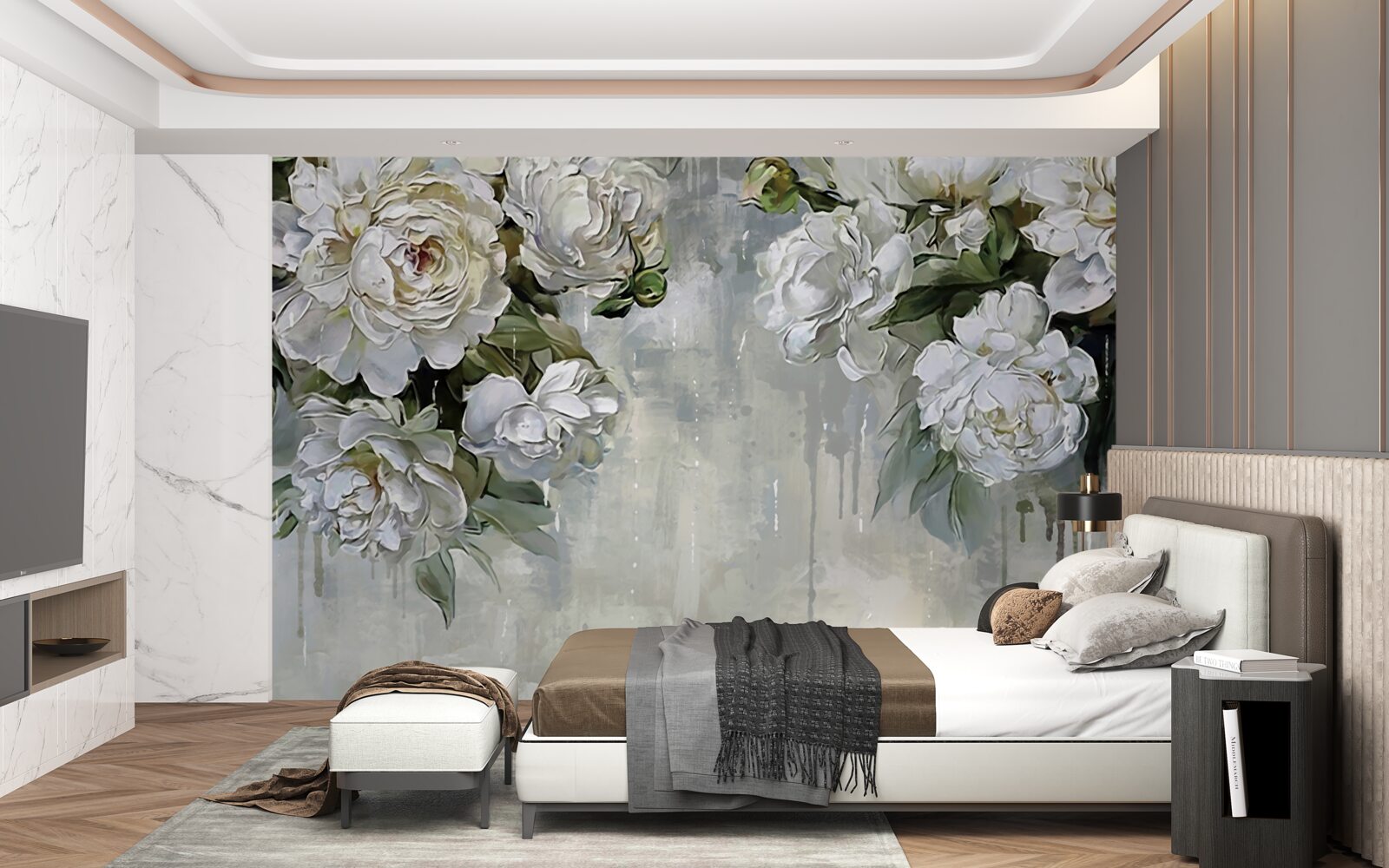 Carta da parati ci sono grandi fiori bianchi sul muro di cemento