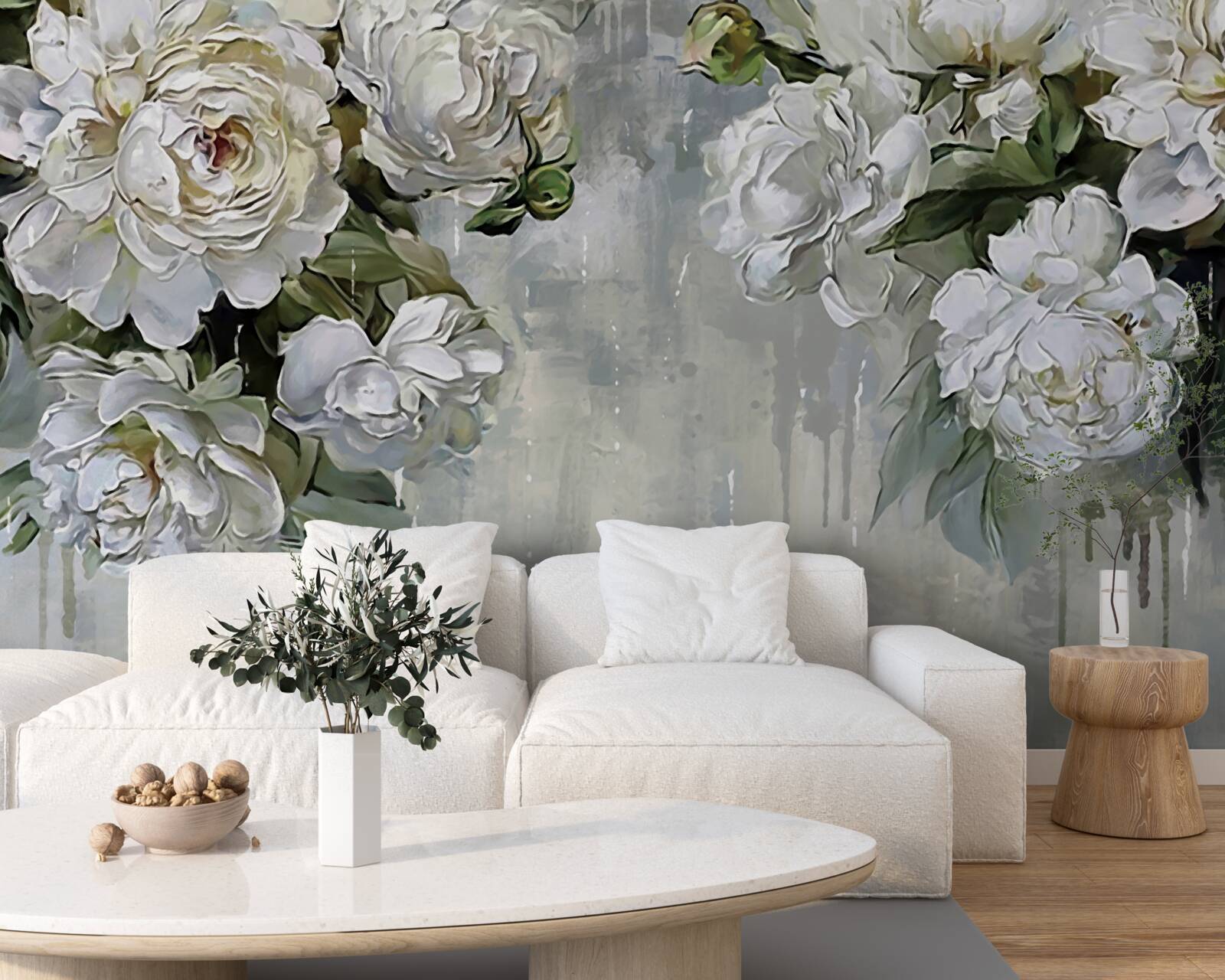 Carta da parati ci sono grandi fiori bianchi sul muro di cemento