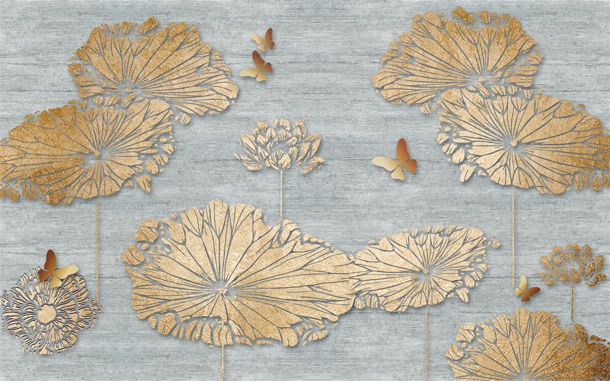 Carta da parati farfalle e foglie dorate sulla superficie dell'acqua