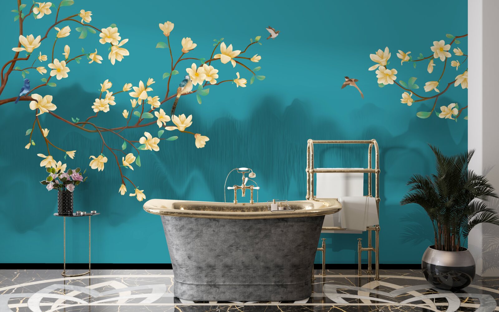 Carta da parati Magnolia gialla in piena fioritura su una mistica acqua nebbiosa