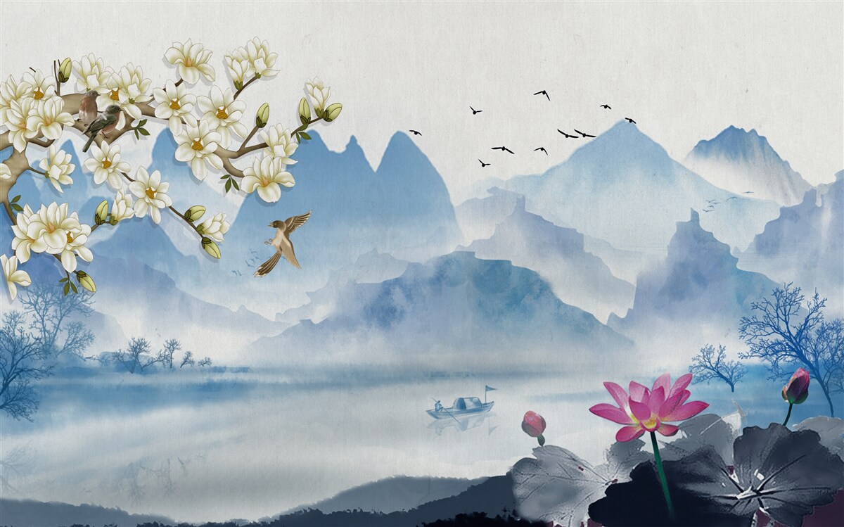 Carta da parati acquerelli raffiguranti laghi di montagna in Cina