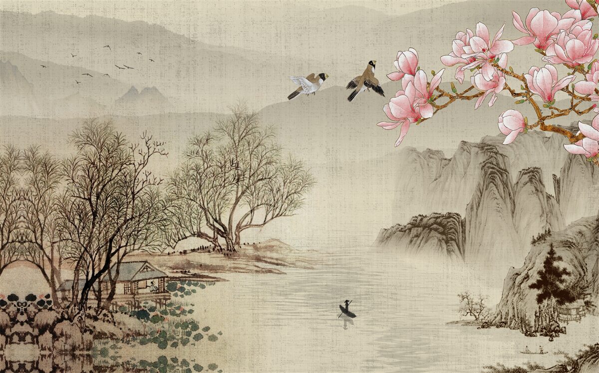 Carta da parati magnolia in fiore e un tranquillo fiume in montagna
