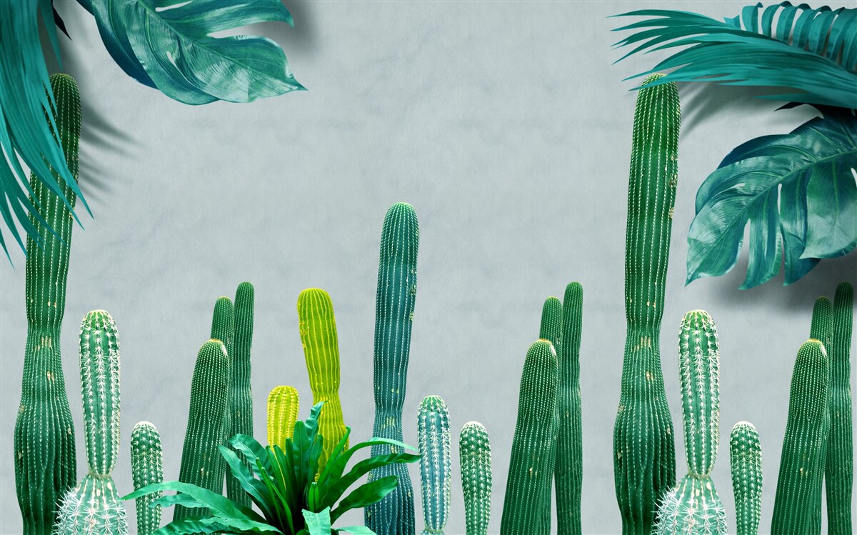 Carta da parati Le palme tropicali sono decorate con cactus verdi.