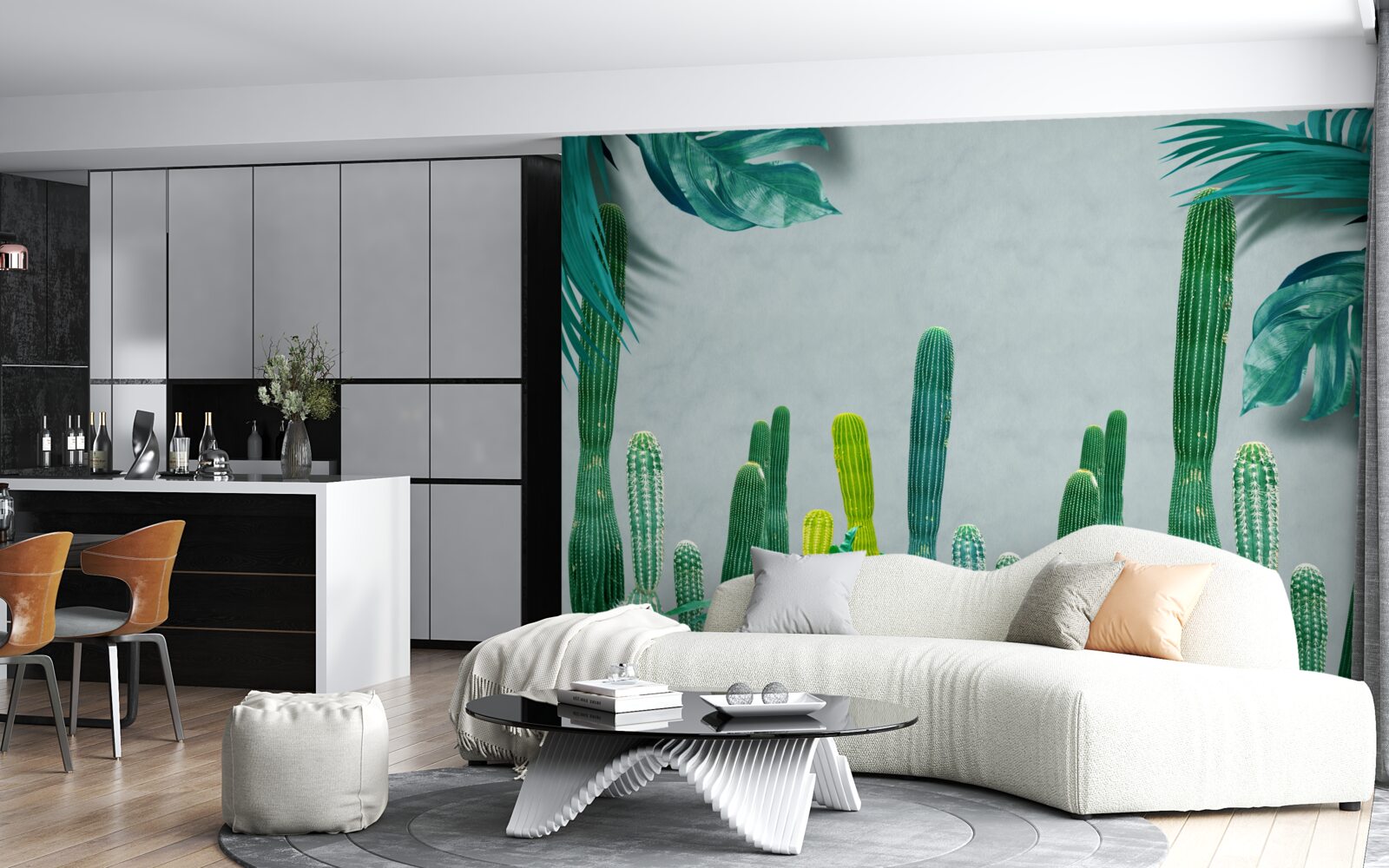 Carta da parati Le palme tropicali sono decorate con cactus verdi.