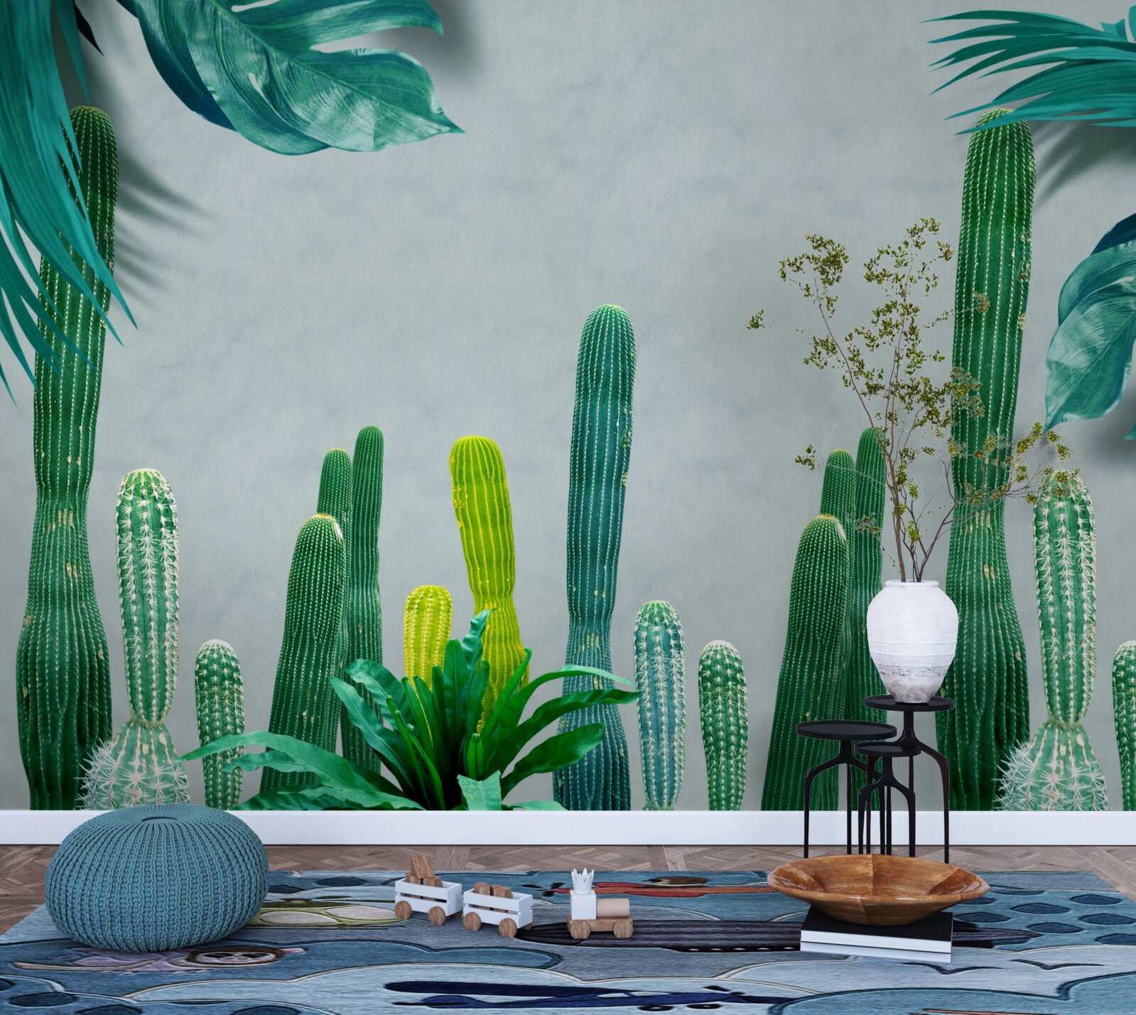 Carta da parati Le palme tropicali sono decorate con cactus verdi.