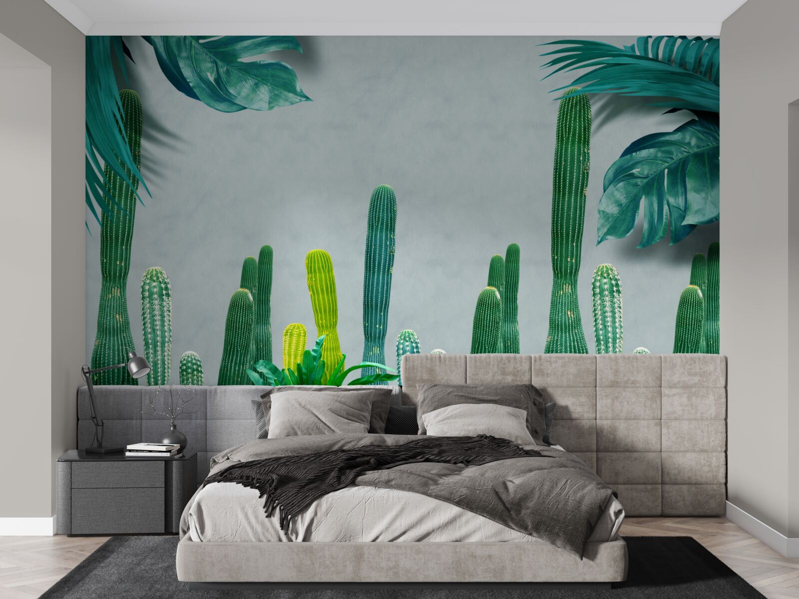 Carta da parati Le palme tropicali sono decorate con cactus verdi.