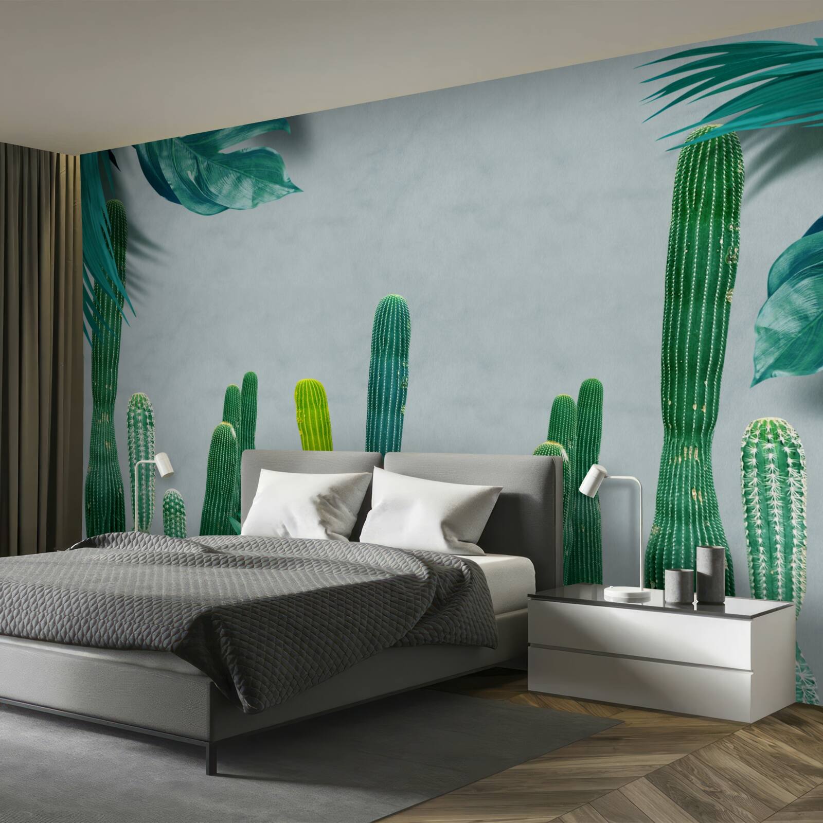 Carta da parati Le palme tropicali sono decorate con cactus verdi.
