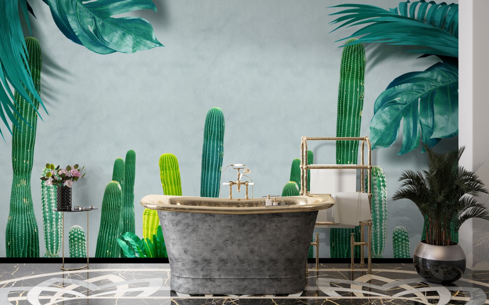 Carta da parati Le palme tropicali sono decorate con cactus verdi.